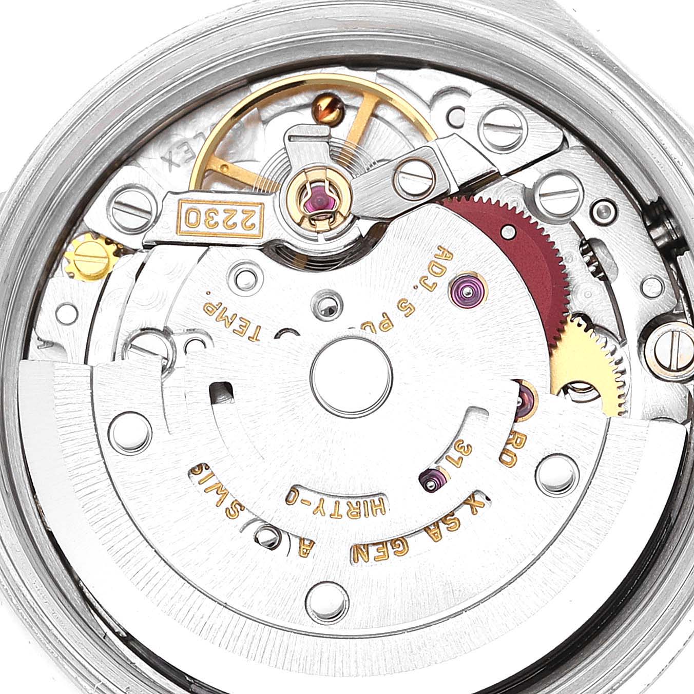 This image shows the intricate internal mechanism of the Rolex Oyster Perpetual 76030 Women
s Stainless Steel White Dial 76030 Women
s Stainless Steel White Dial watch, captured from a close-up angle.