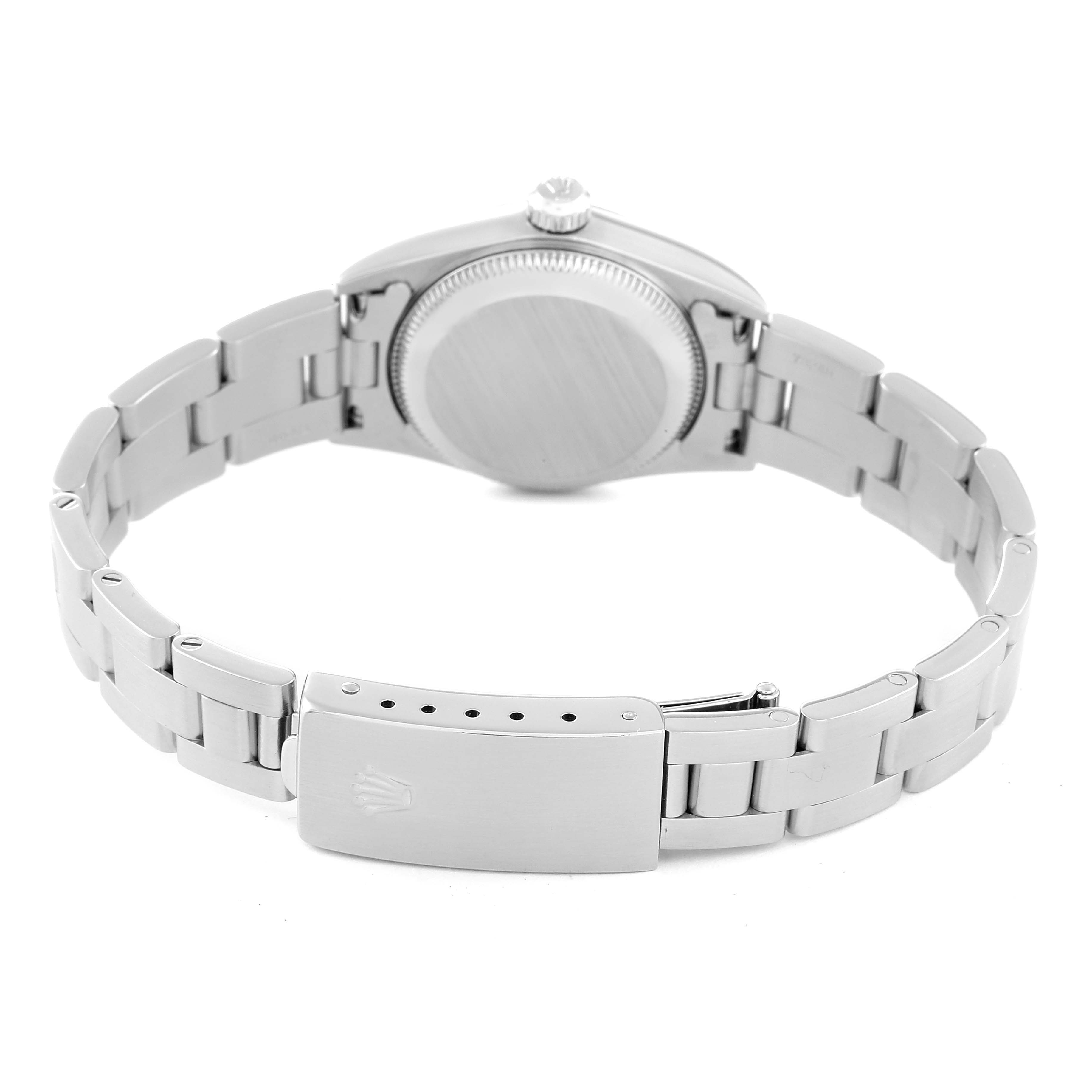 This image shows the back case and bracelet clasp of a Rolex Oyster Perpetual 76030 Women
s Stainless Steel White Dial 76030 Women
s Stainless Steel White Dial watch.