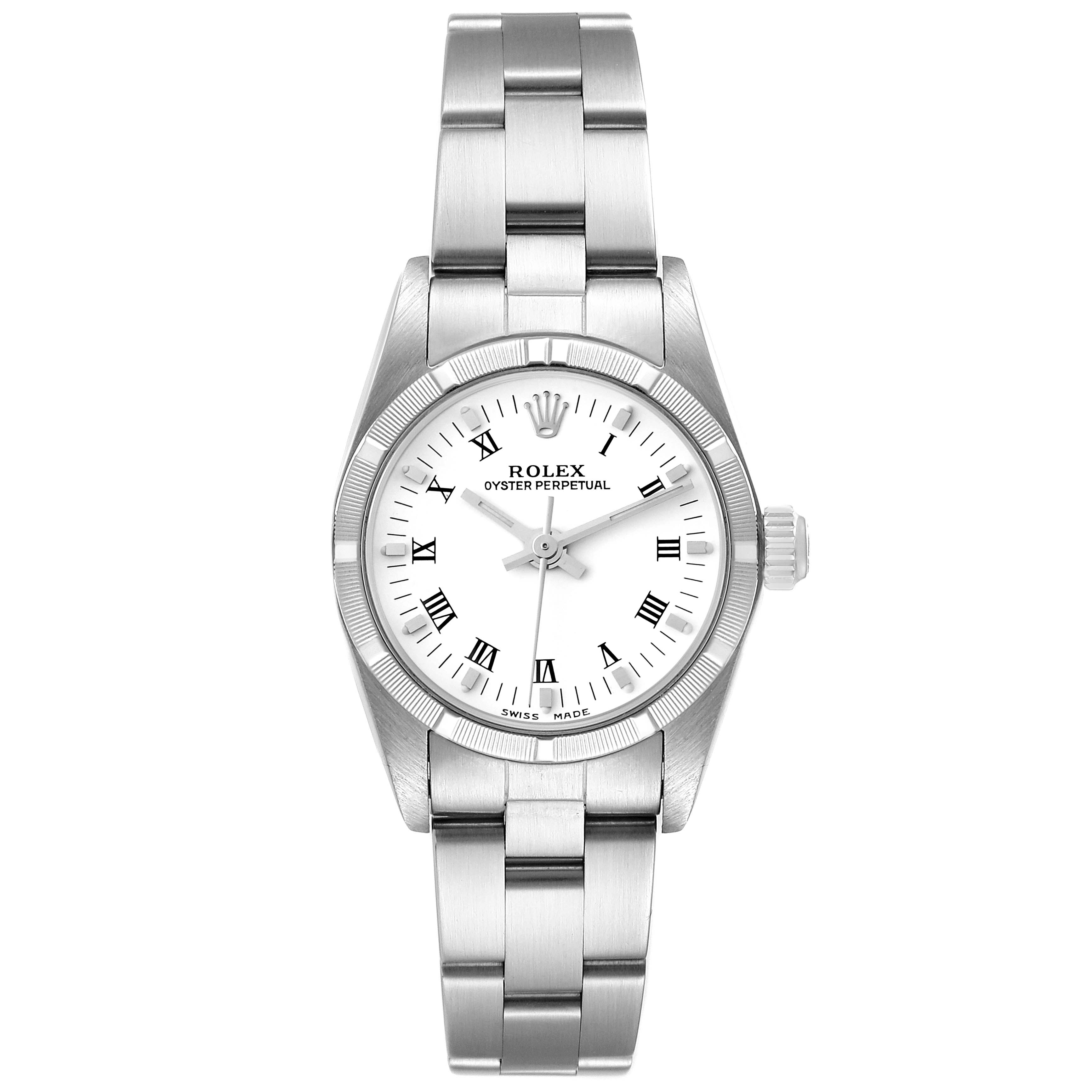 This image shows the Rolex Oyster Perpetual 76030 Women
s Stainless Steel White Dial 76030 Women
s Stainless Steel White Dial watch from a top-down view, highlighting the dial, bezel, and bracelet.