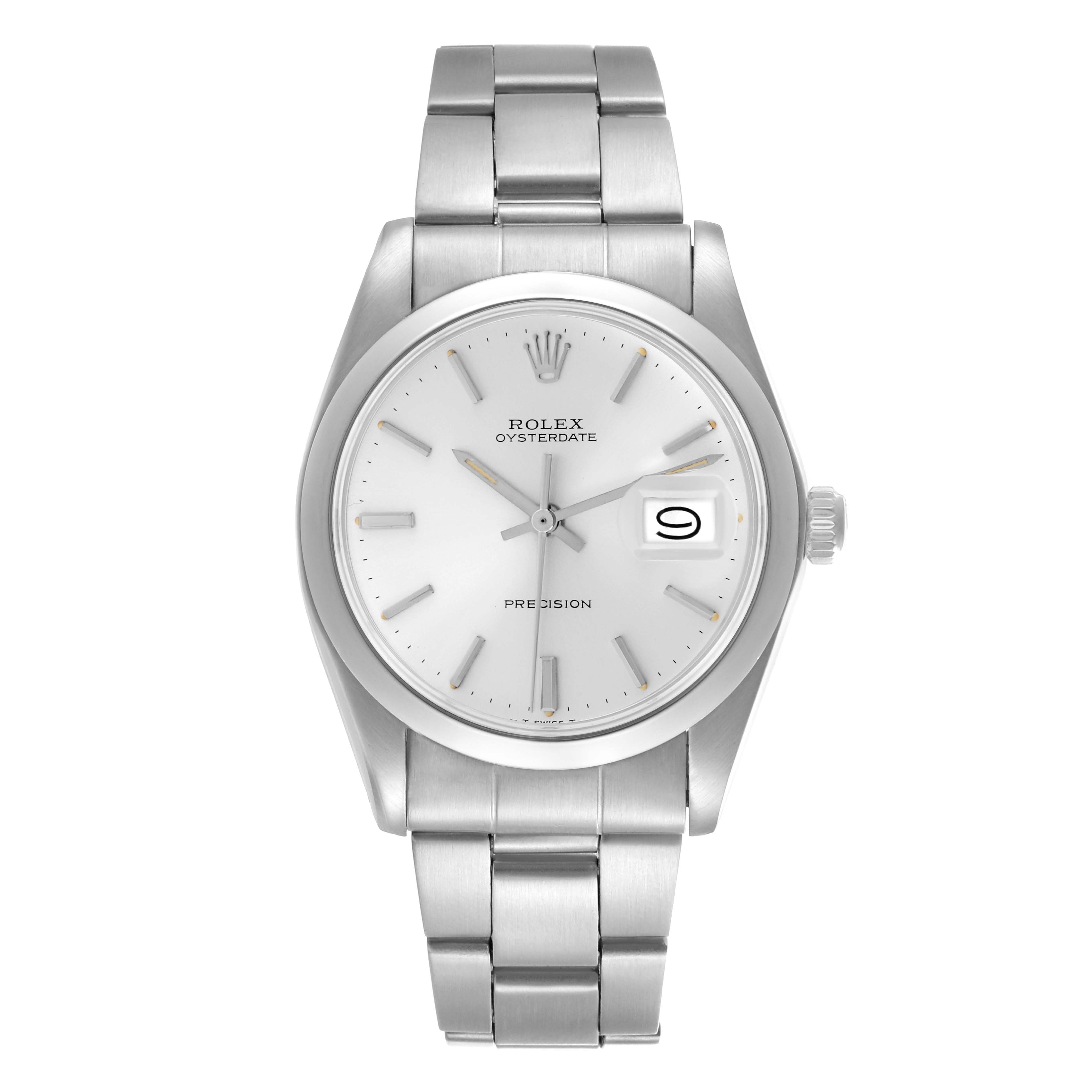 The Rolex Date 6694 Men's Stainless Steel Silver Dial 6694 Men's Stainless Steel Silver Dial model watch is shown from a front view, displaying the face, bracelet, and crown.