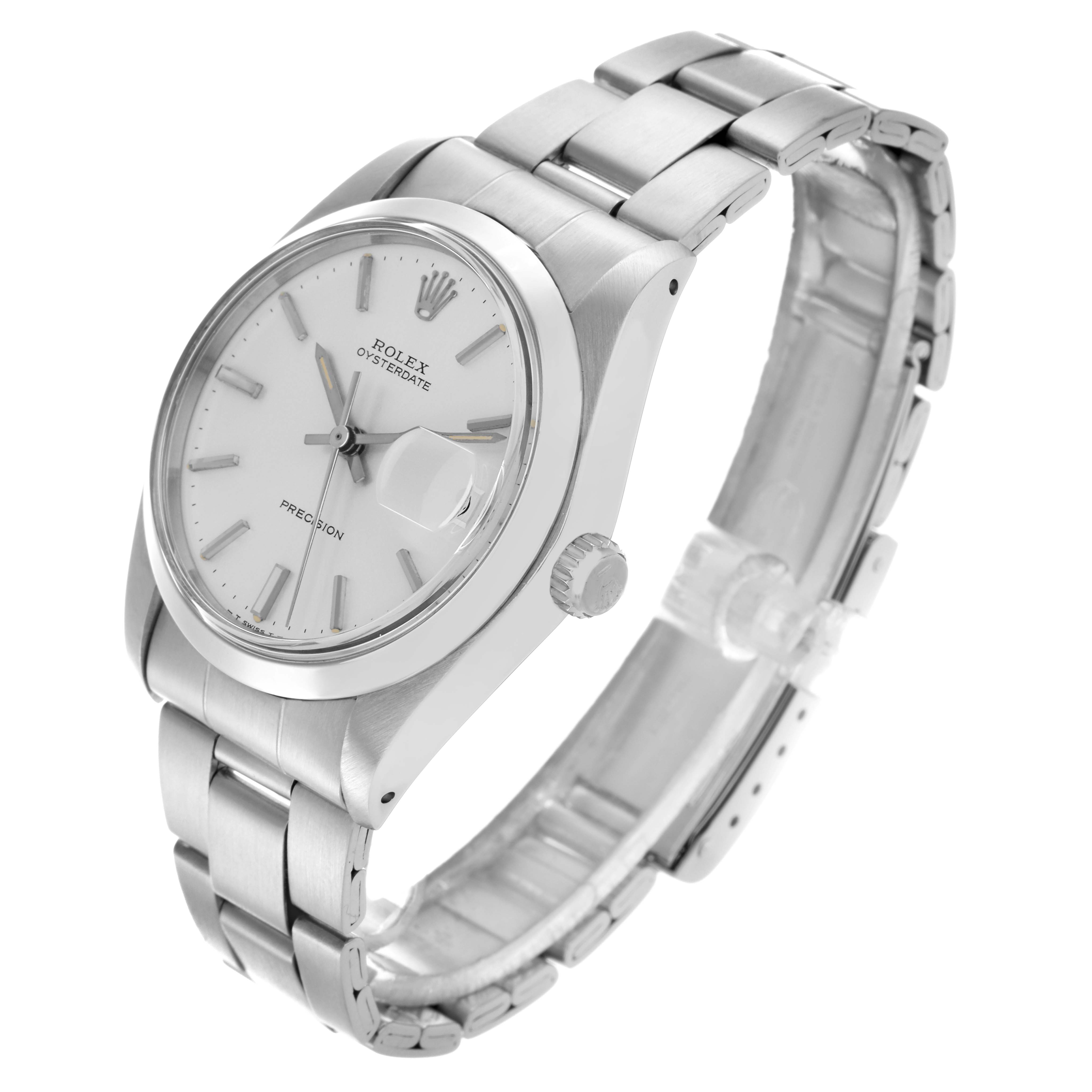 The Rolex Date 6694 Men's Stainless Steel Silver Dial 6694 Men's Stainless Steel Silver Dial model watch is shown from a high angled perspective, highlighting the face, crown, and part of the bracelet.