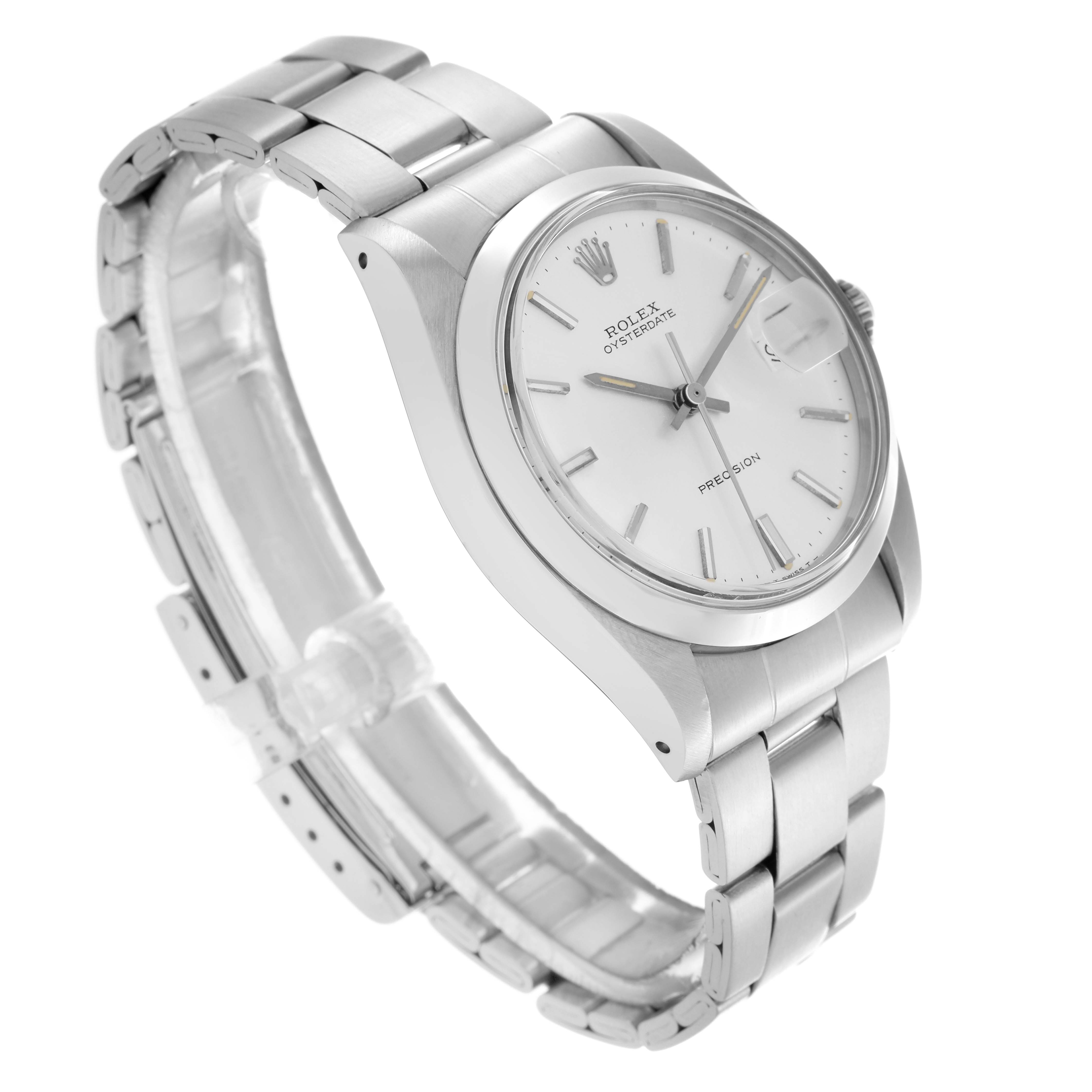 The Rolex Date 6694 Men's Stainless Steel Silver Dial 6694 Men's Stainless Steel Silver Dial model watch is shown at a three-quarter angle, highlighting the dial, case, and bracelet.