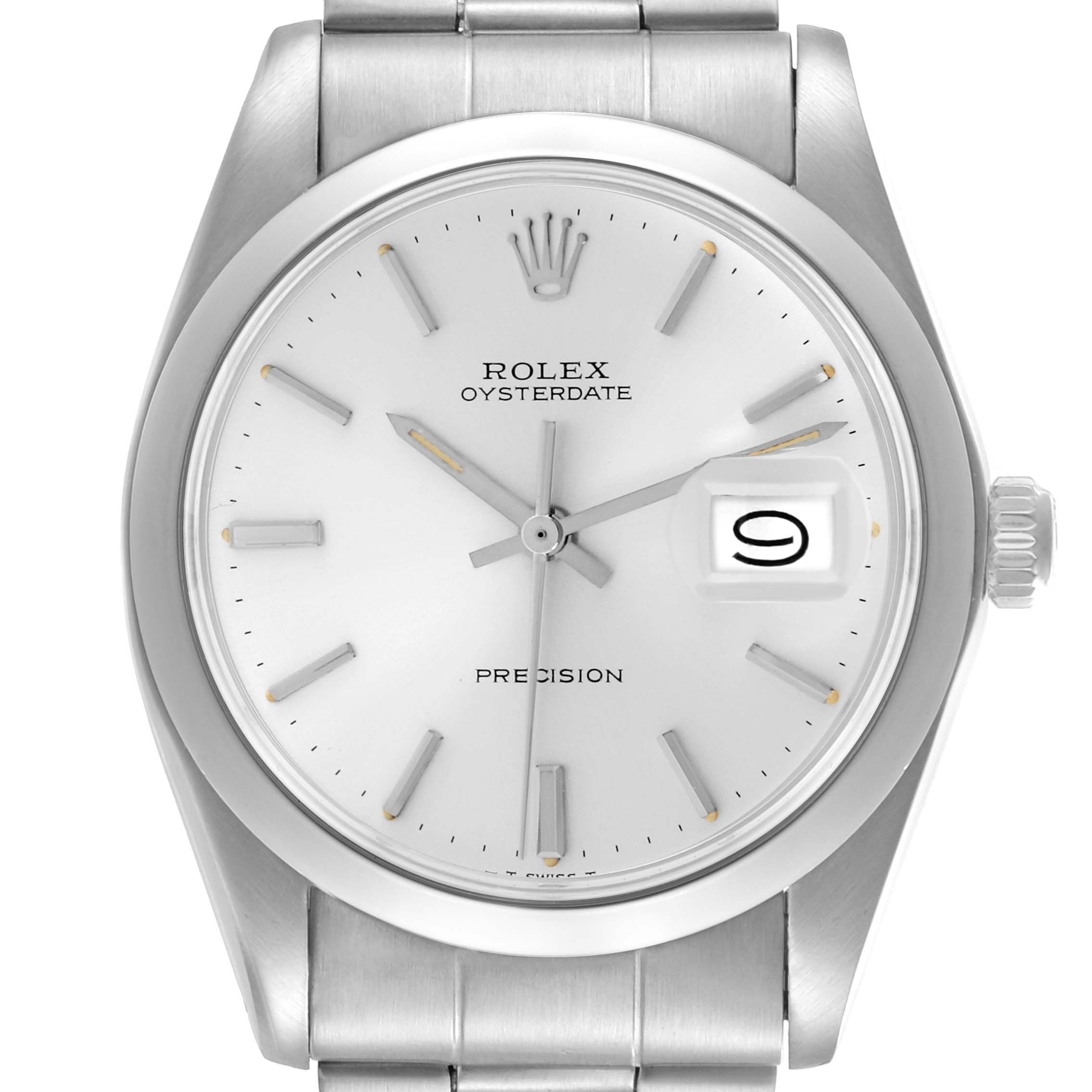 The Rolex Oysterdate Precision watch is shown from a front angle, displaying its dial, hour markers, hands, and date magnifier.