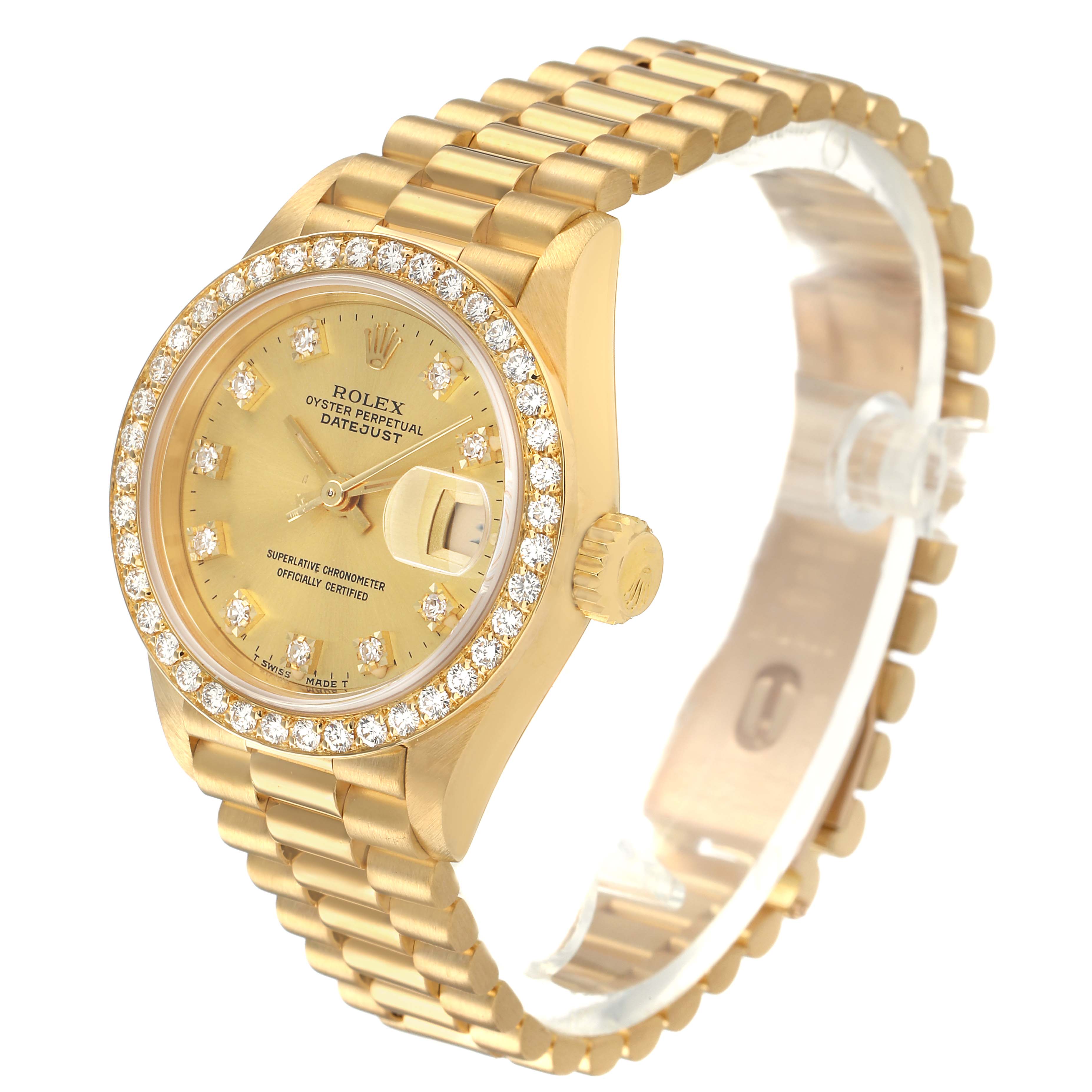 The Rolex President 79138 Women's Yellow Gold Champagne Dial watch is shown at a three-quarter angle, highlighting its diamond bezel, dial, and bracelet.