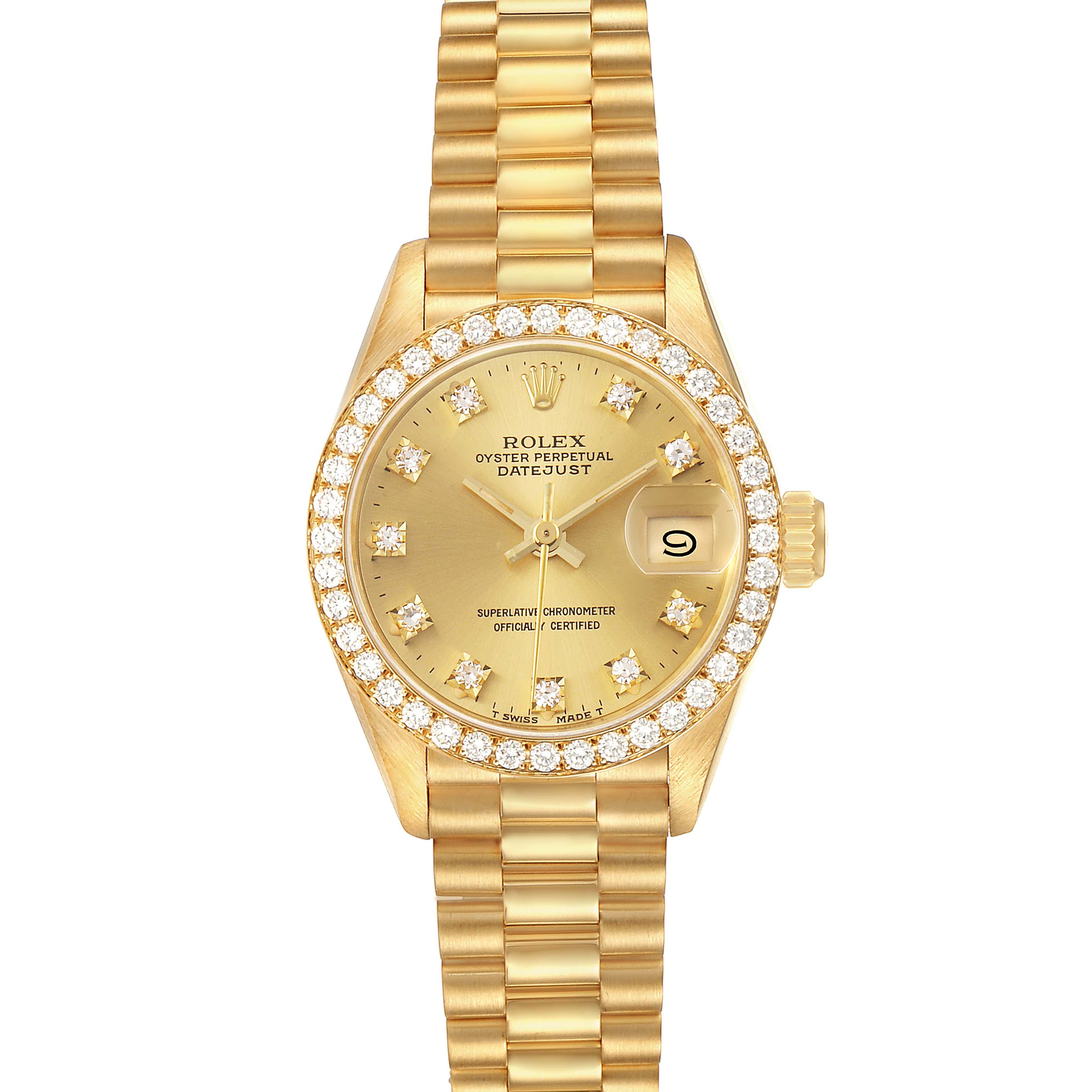 The image shows the Rolex President 79138 Women's Yellow Gold Champagne Dial watch from a top-down angle, highlighting the diamond bezel, dial, and bracelet.