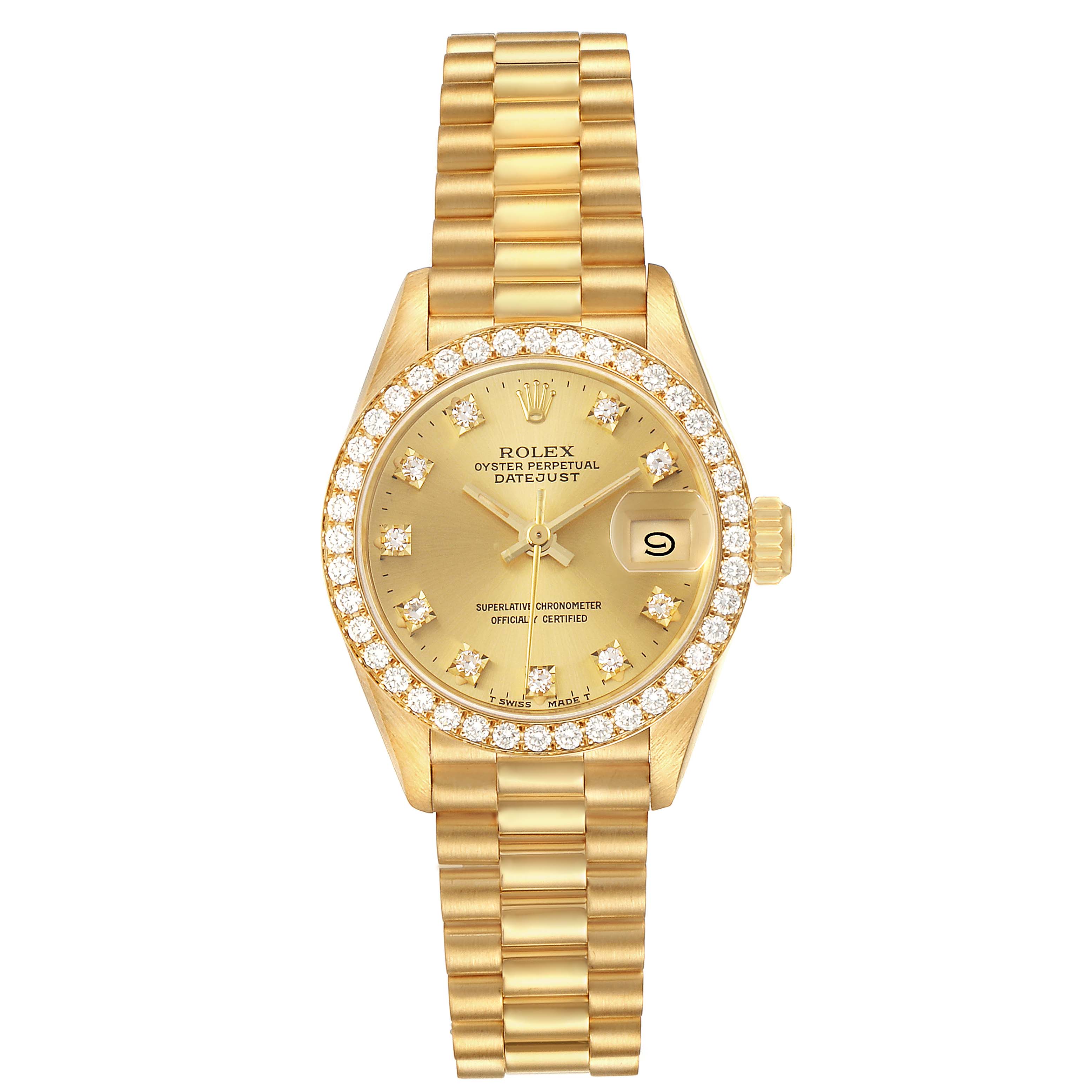 The Rolex President 79138 Women's Yellow Gold Champagne Dial model is shown from a top-down angle, highlighting the gold dial, diamond bezel, and bracelet.