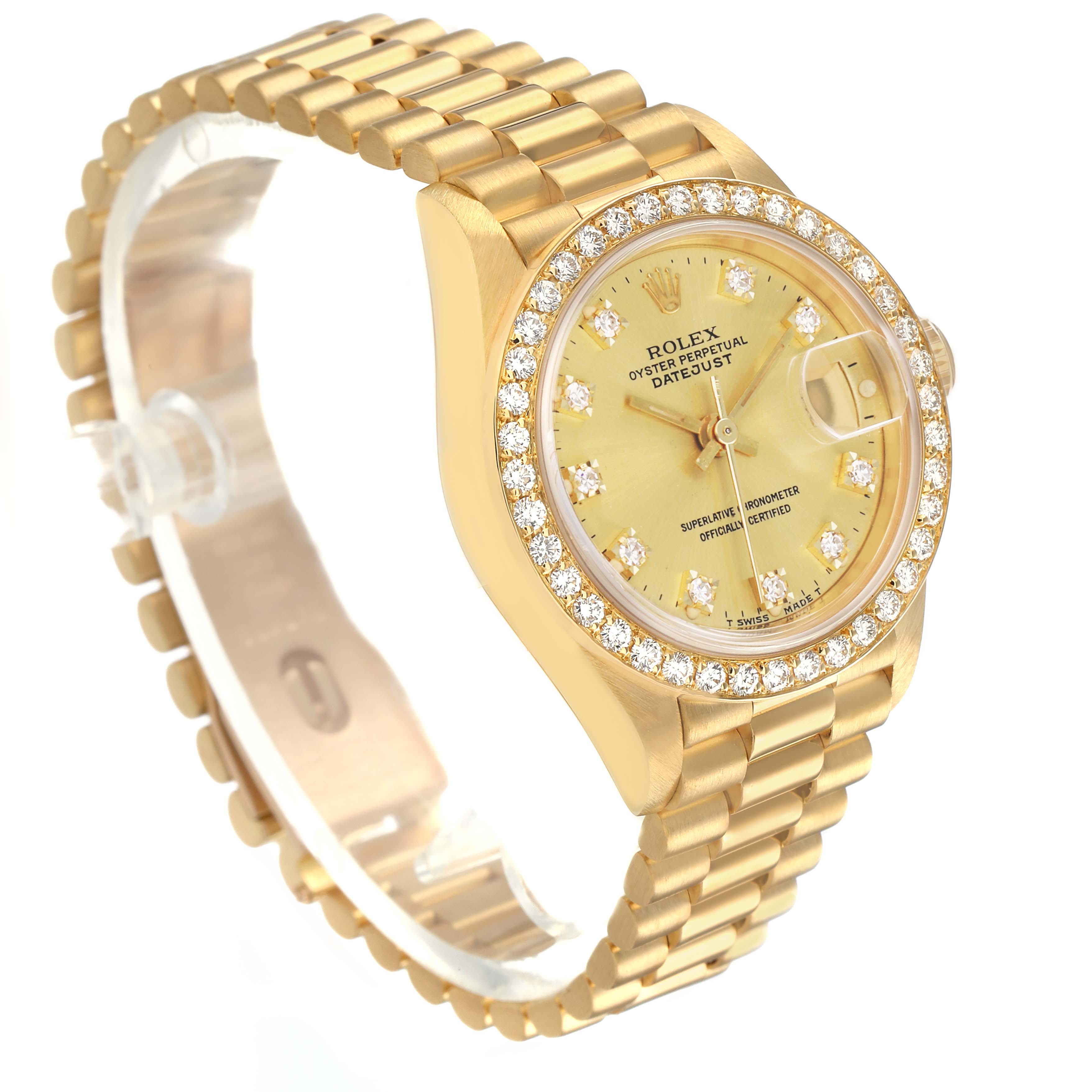 The Rolex President 79138 Women's Yellow Gold Champagne Dial watch is shown from an angled perspective, highlighting its gold dial, diamond bezel, and bracelet.