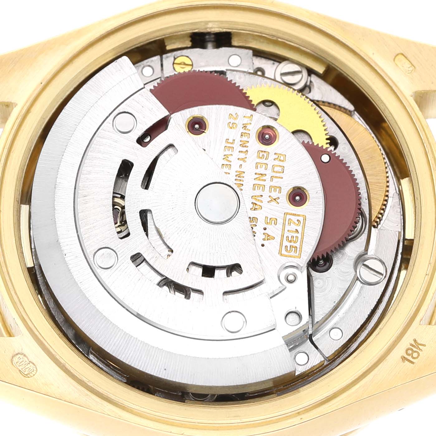 The image shows the internal movement mechanism of a Rolex President 79138 Women's Yellow Gold Champagne Dial watch from a top-down angle.