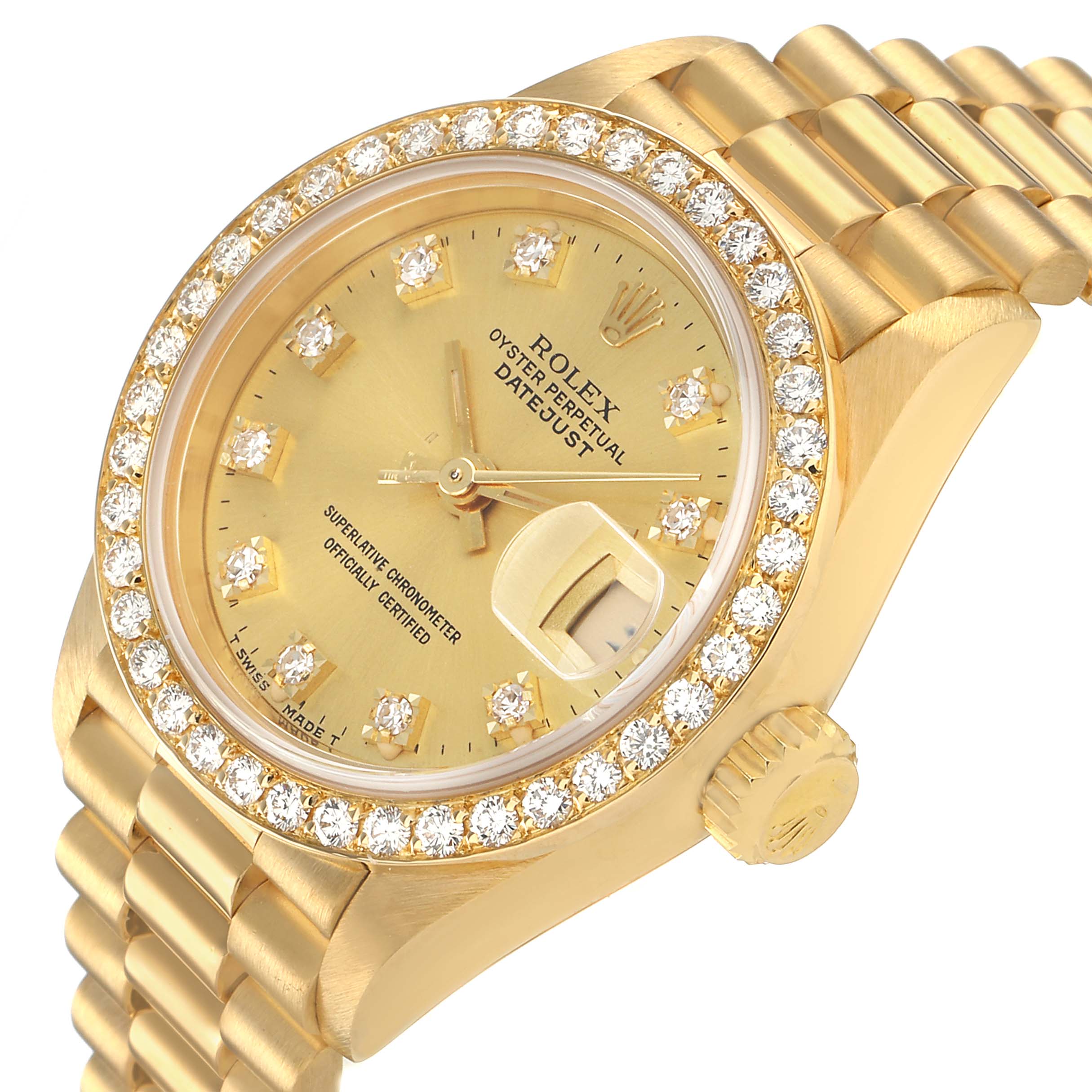 The Rolex President 79138 Women's Yellow Gold Champagne Dial model is shown at an angle displaying the diamond bezel, watch face, crown, and part of the bracelet.