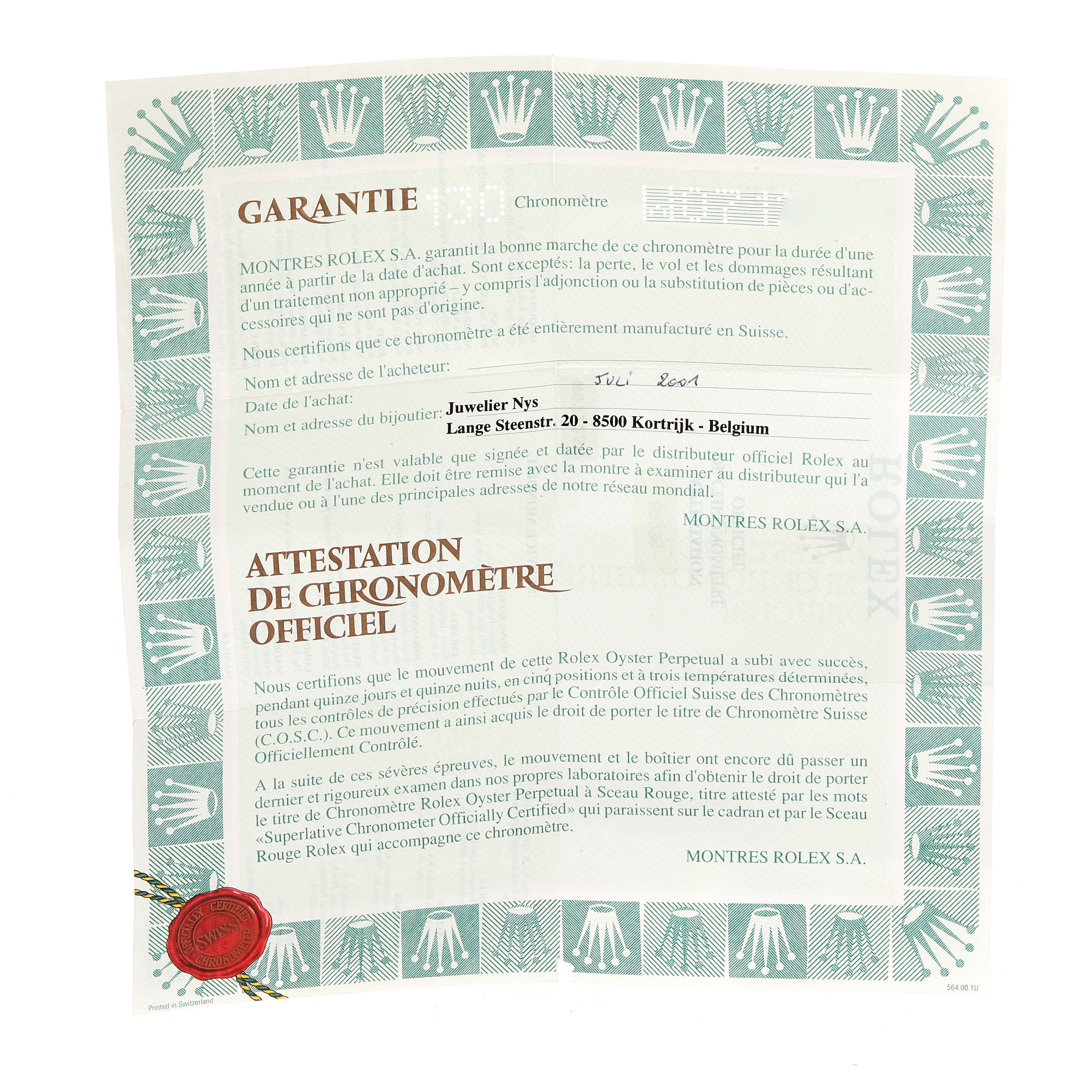 The image shows the warranty and official chronometer certification for a Rolex President 69238 Women
s Yellow Gold Mother of Pearl Dial 69238 Women
s Yellow Gold Mother of Pearl Dial model watch.