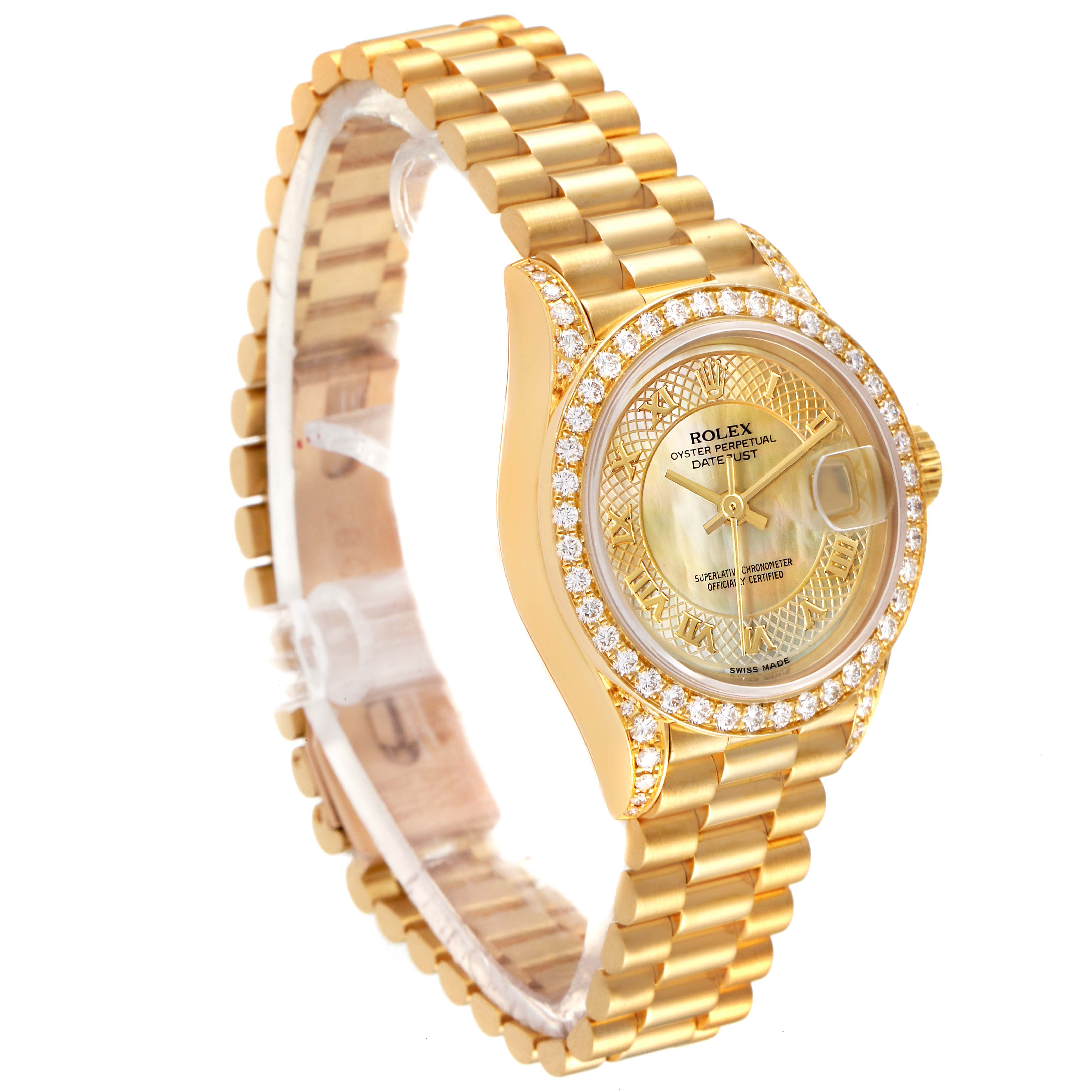 The Rolex President 69238 Women
s Yellow Gold Mother of Pearl Dial 69238 Women
s Yellow Gold Mother of Pearl Dial model watch is shown at a slight angled side view, highlighting its gold bracelet and diamond-encrusted bezel.