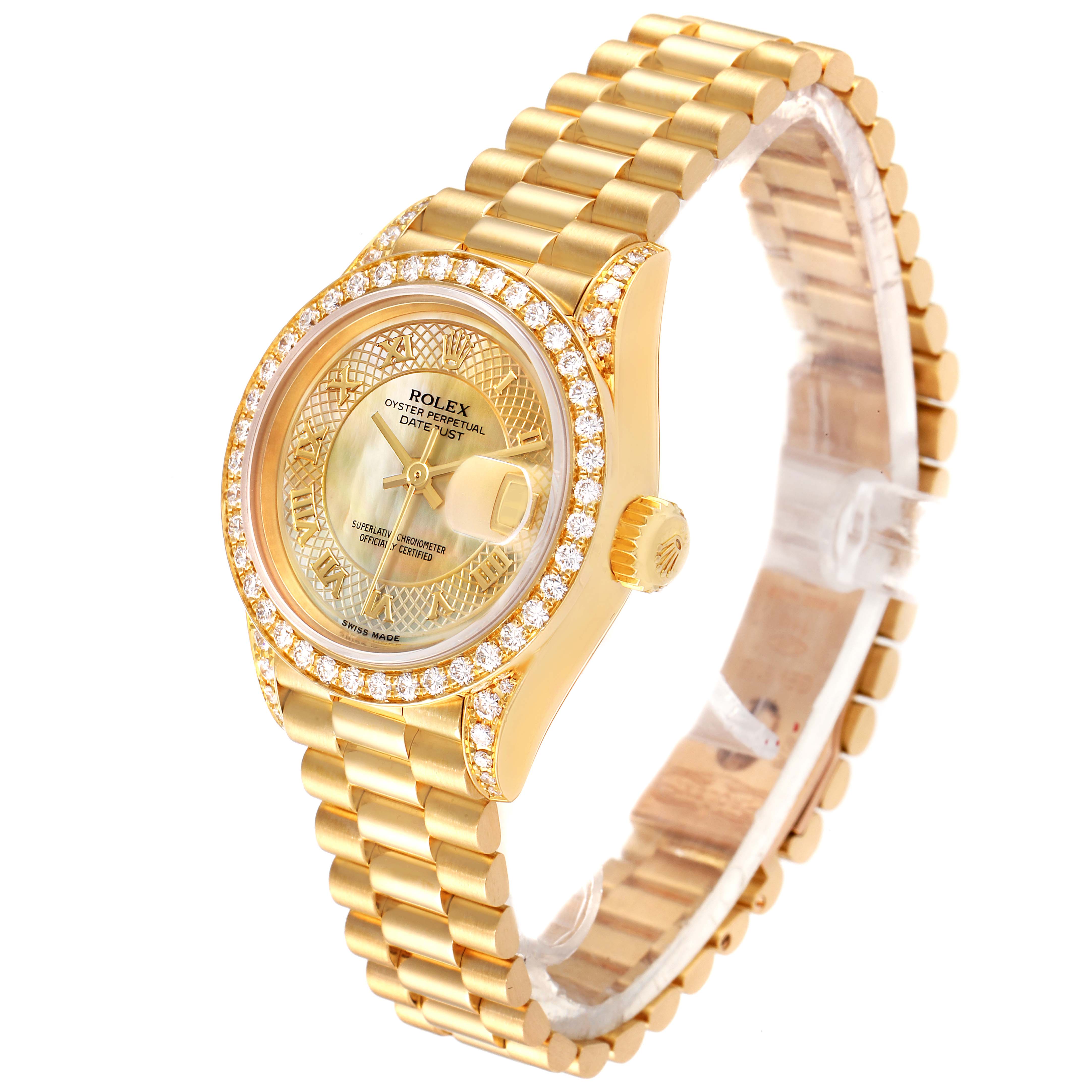 The Rolex President 69238 Women
s Yellow Gold Mother of Pearl Dial 69238 Women
s Yellow Gold Mother of Pearl Dial model is shown at a 3/4 angle, displaying the face, bezel, bracelet, and crown.