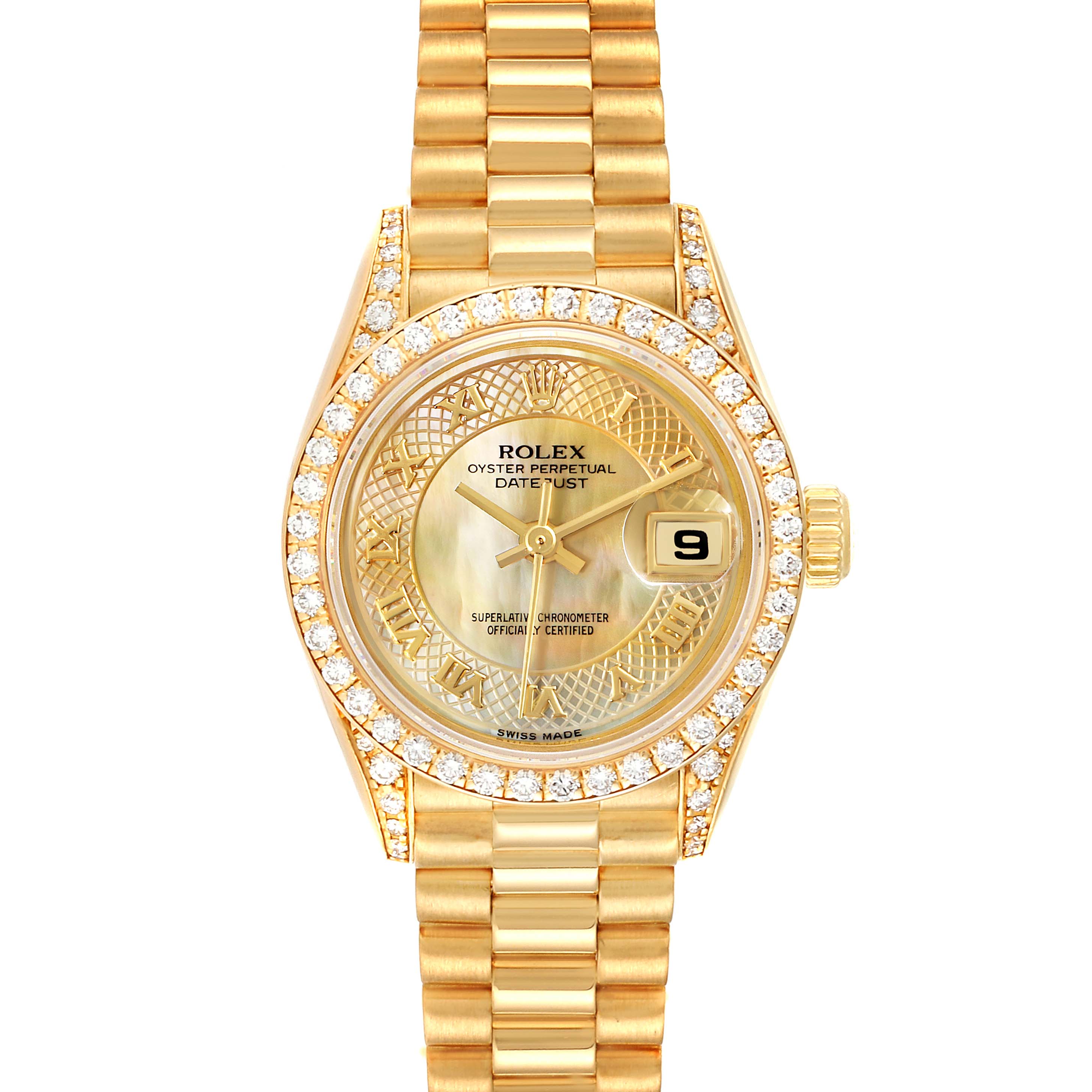 The Rolex President 69238 Women
s Yellow Gold Mother of Pearl Dial 69238 Women
s Yellow Gold Mother of Pearl Dial model watch is shown from a top-down angle, displaying the bracelet, bezel, face, and crown.