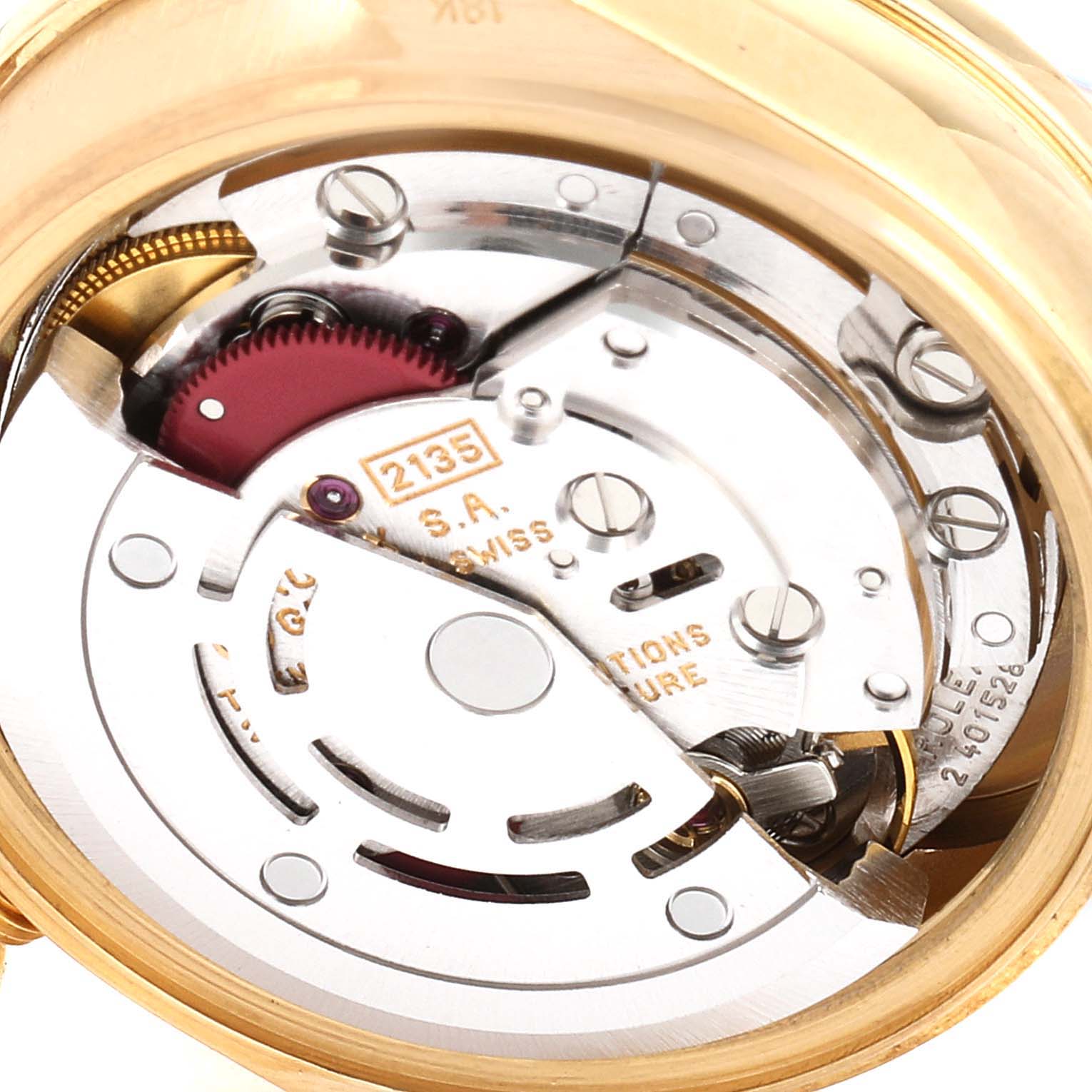 The image shows the internal mechanism of a Rolex President 69238 Women
s Yellow Gold Mother of Pearl Dial 69238 Women
s Yellow Gold Mother of Pearl Dial model watch from a close-up, top-down angle.