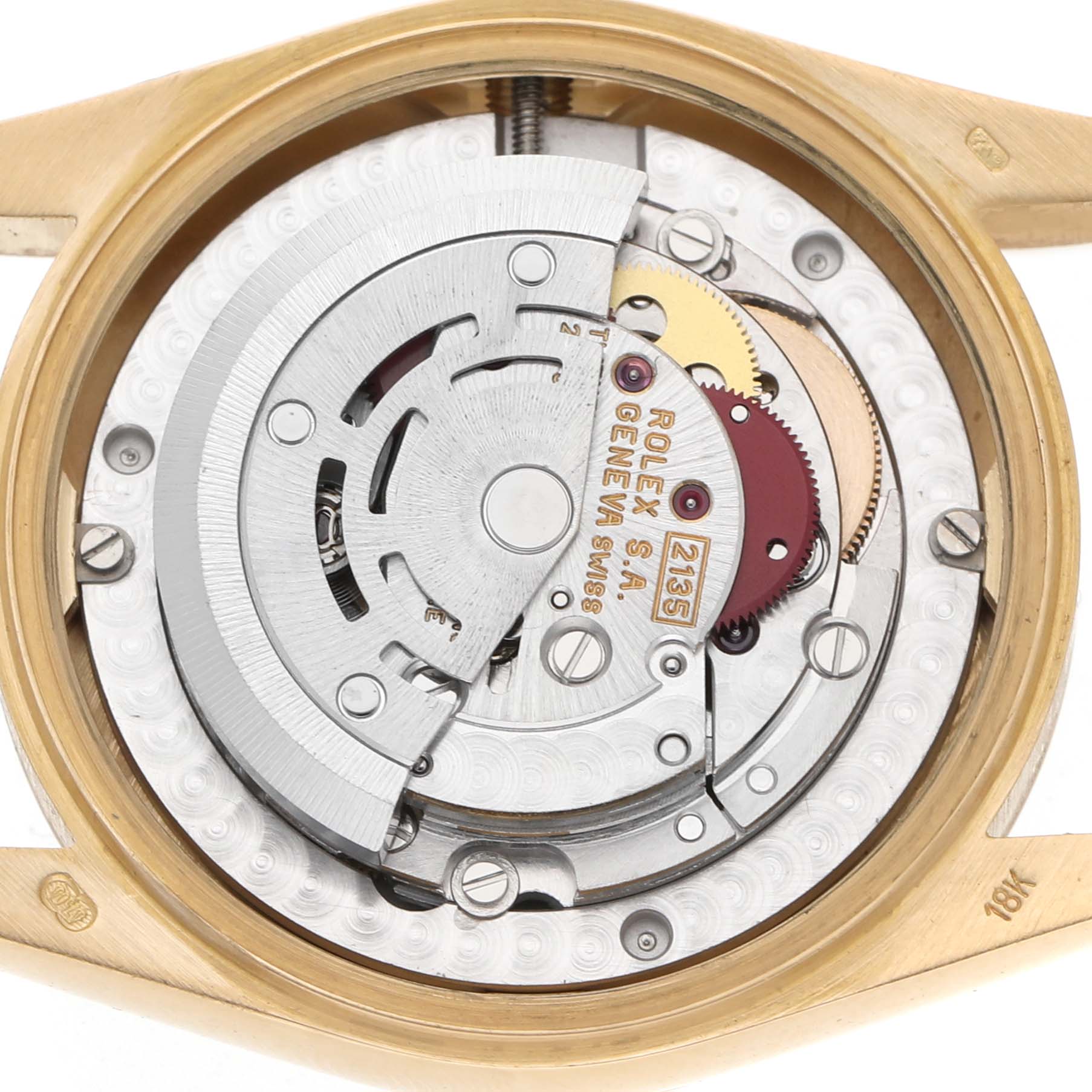 The image shows the movement and internal mechanism of a Rolex Datejust 68278 Women's Yellow Gold White Dial watch from the back.