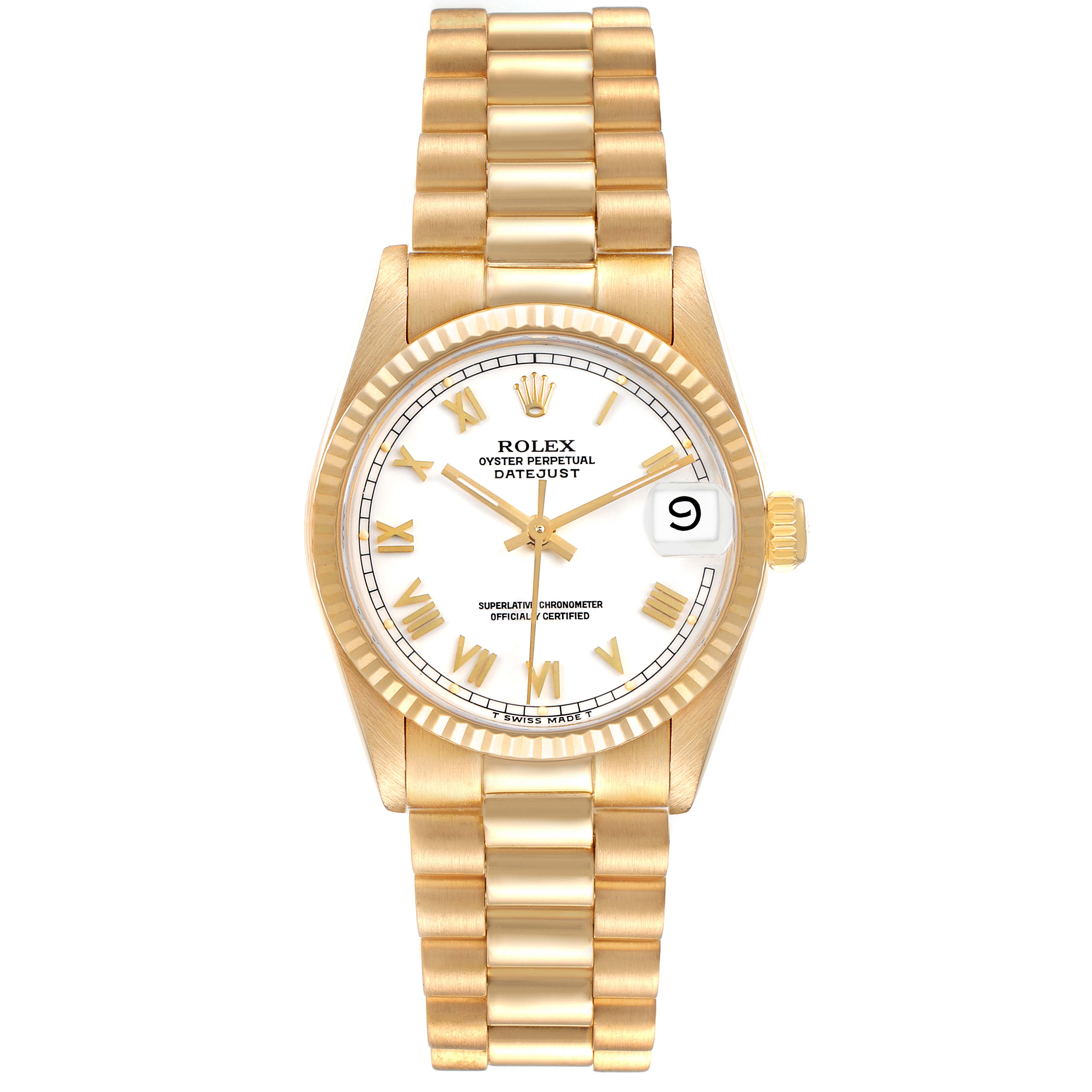 The Rolex Datejust 68278 Women's Yellow Gold White Dial watch is shown from a front angle, highlighting the dial, case, bezel, and bracelet.