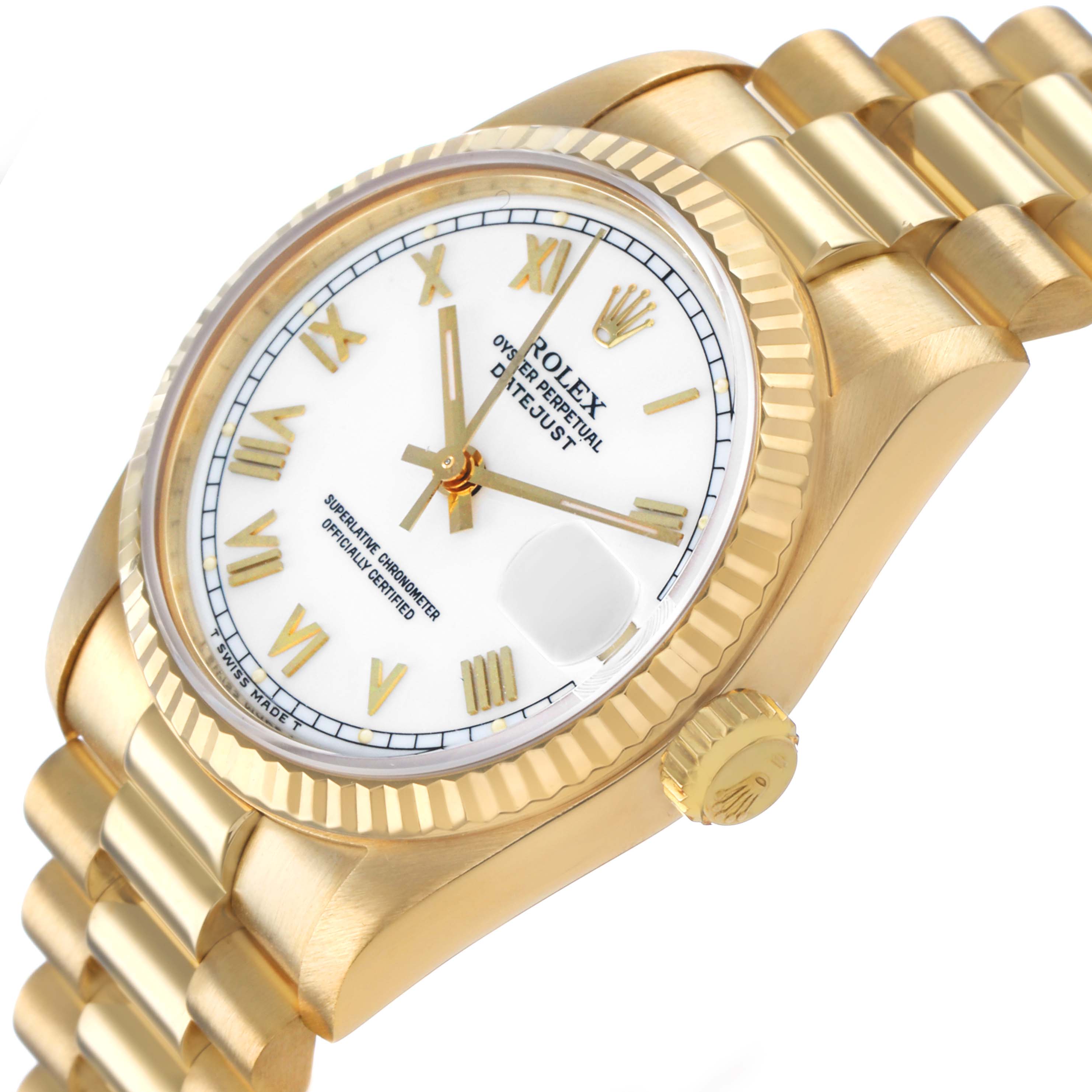 The image shows a Rolex Datejust 68278 Women's Yellow Gold White Dial watch at a side angle, highlighting the bezel, crown, and part of the bracelet.