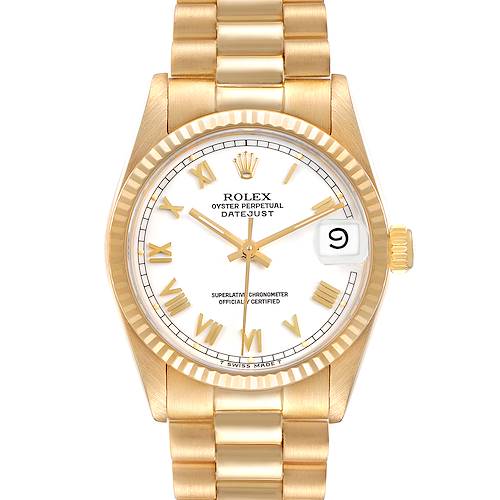 The image shows a frontal view of the Rolex Datejust 68278 Women's Yellow Gold White Dial, highlighting its gold case, bracelet, and white dial with Roman numerals.