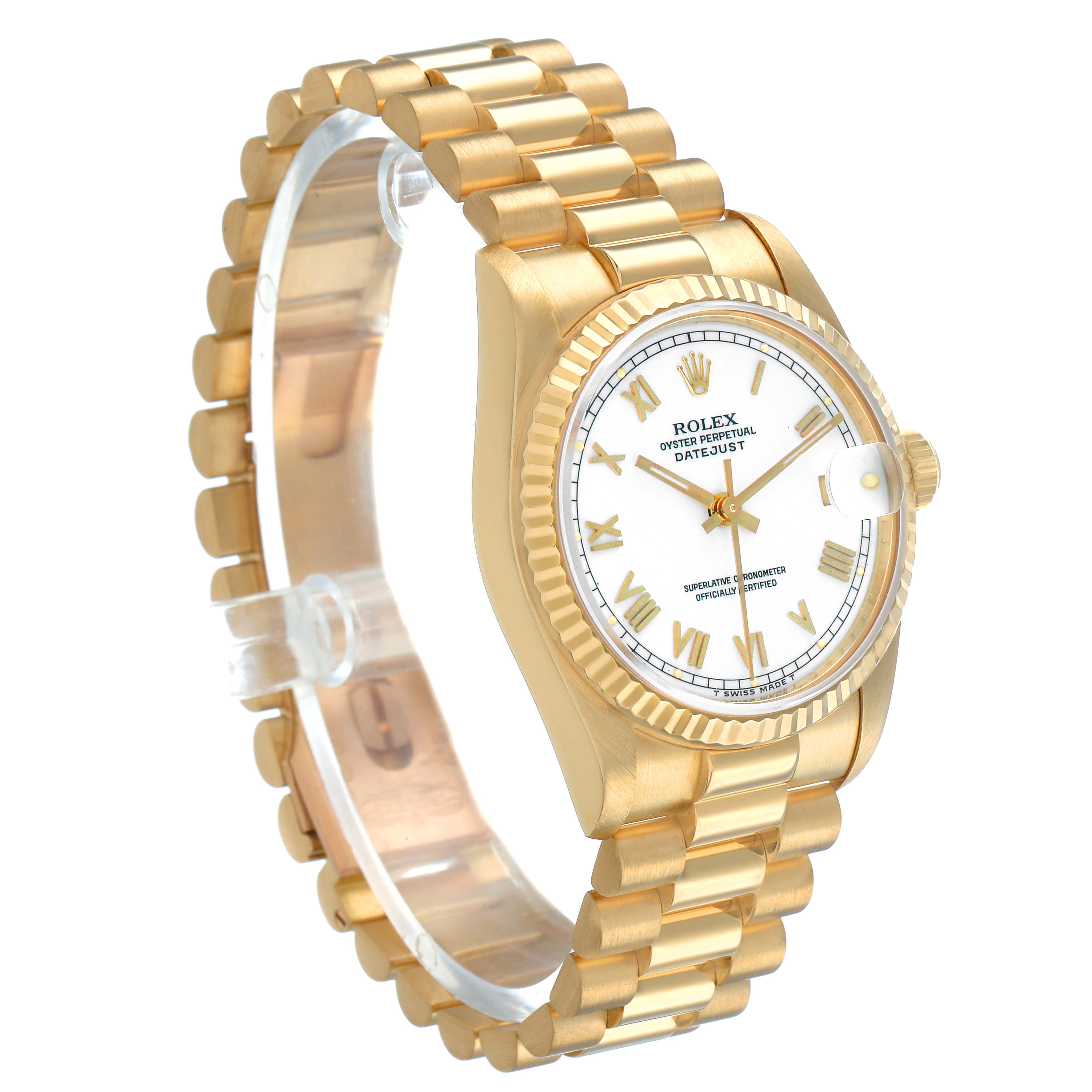 The Rolex Datejust 68278 Women's Yellow Gold White Dial watch is shown at a three-quarter angle, highlighting the gold bezel, bracelet, and white dial with Roman numerals.