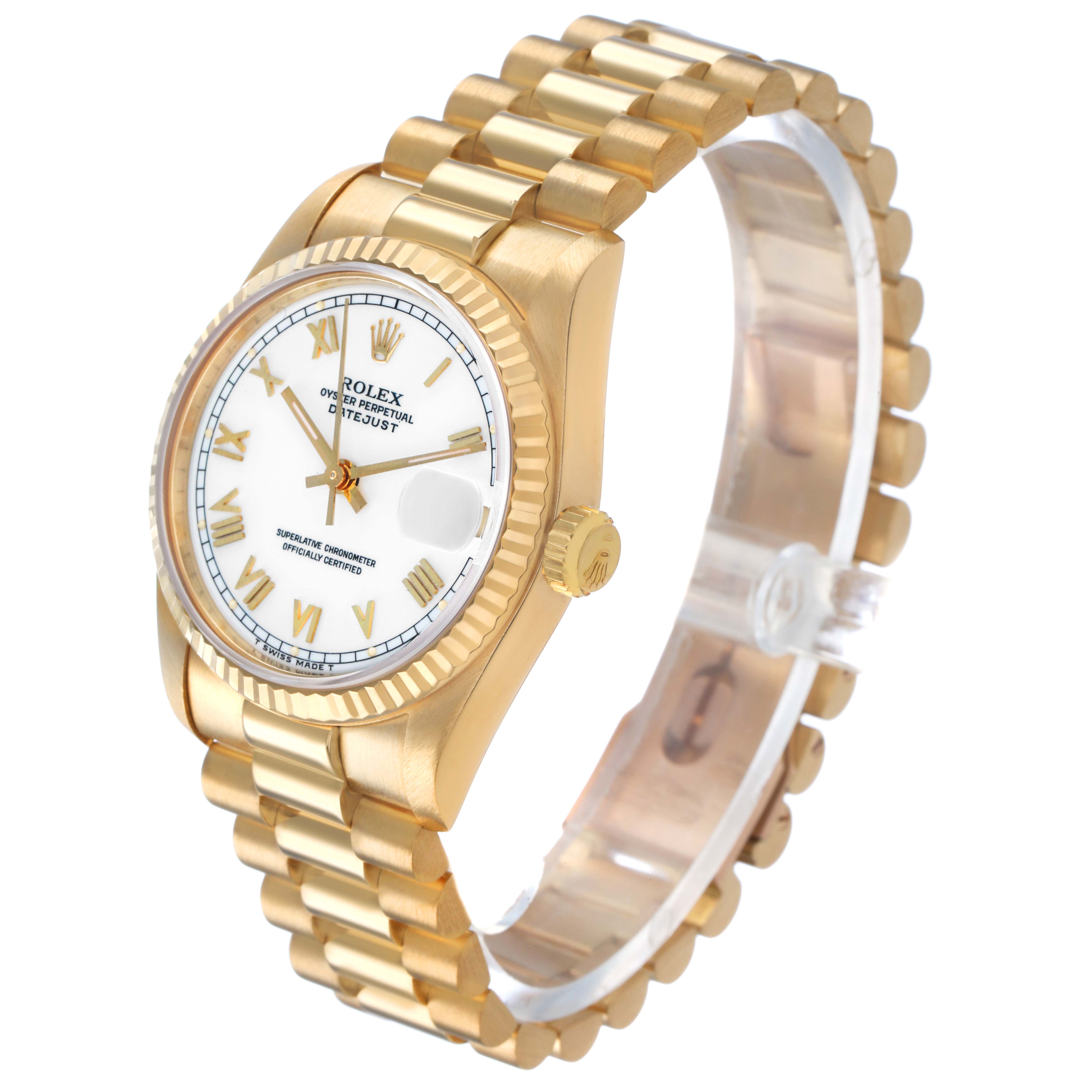 The Rolex Datejust 68278 Women's Yellow Gold White Dial watch is shown at a three-quarter angle, displaying the face, fluted bezel, crown, and bracelet.