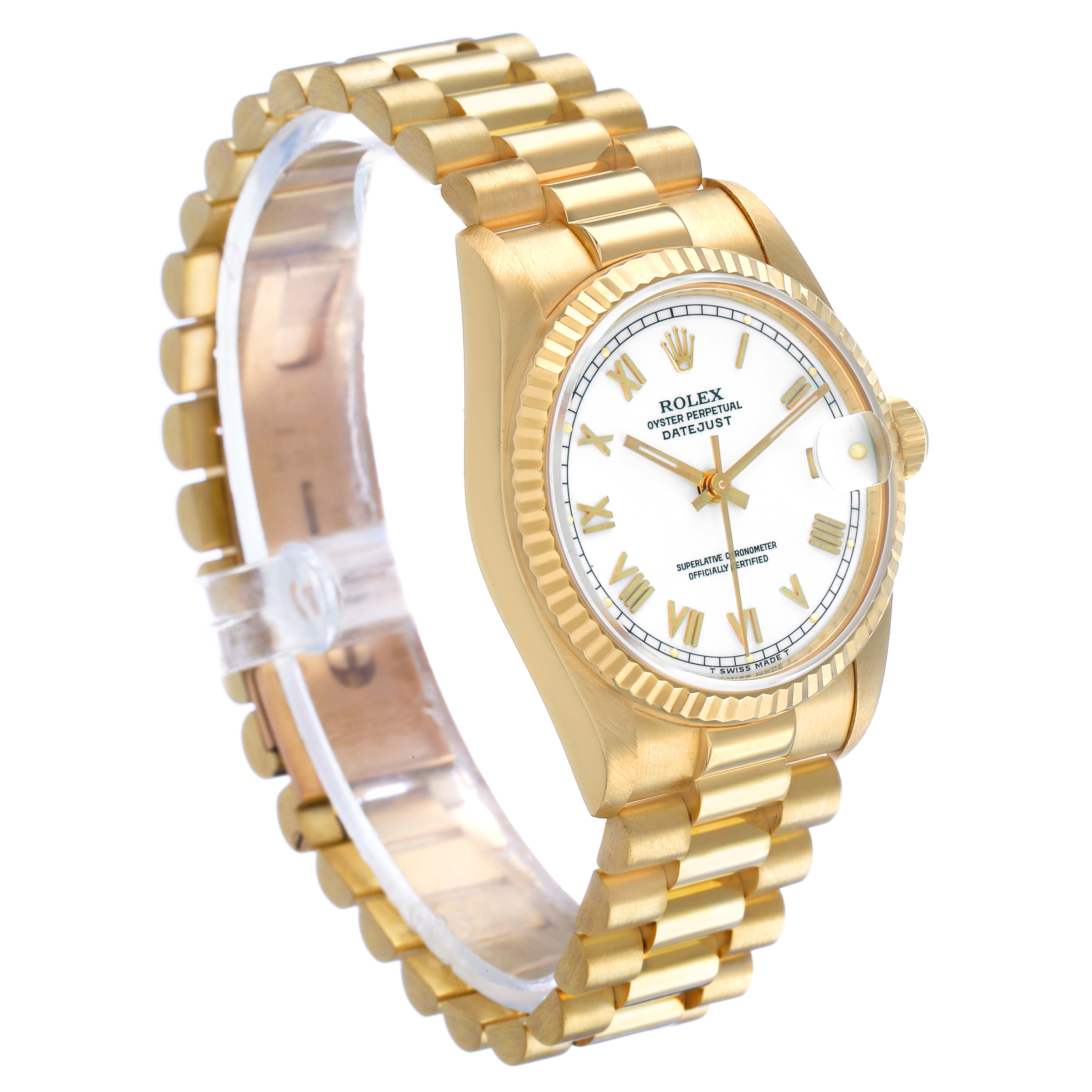 The image shows a Rolex Datejust 68278 Women's Yellow Gold White Dial from a front angle, highlighting its gold bracelet, white dial, and fluted bezel.