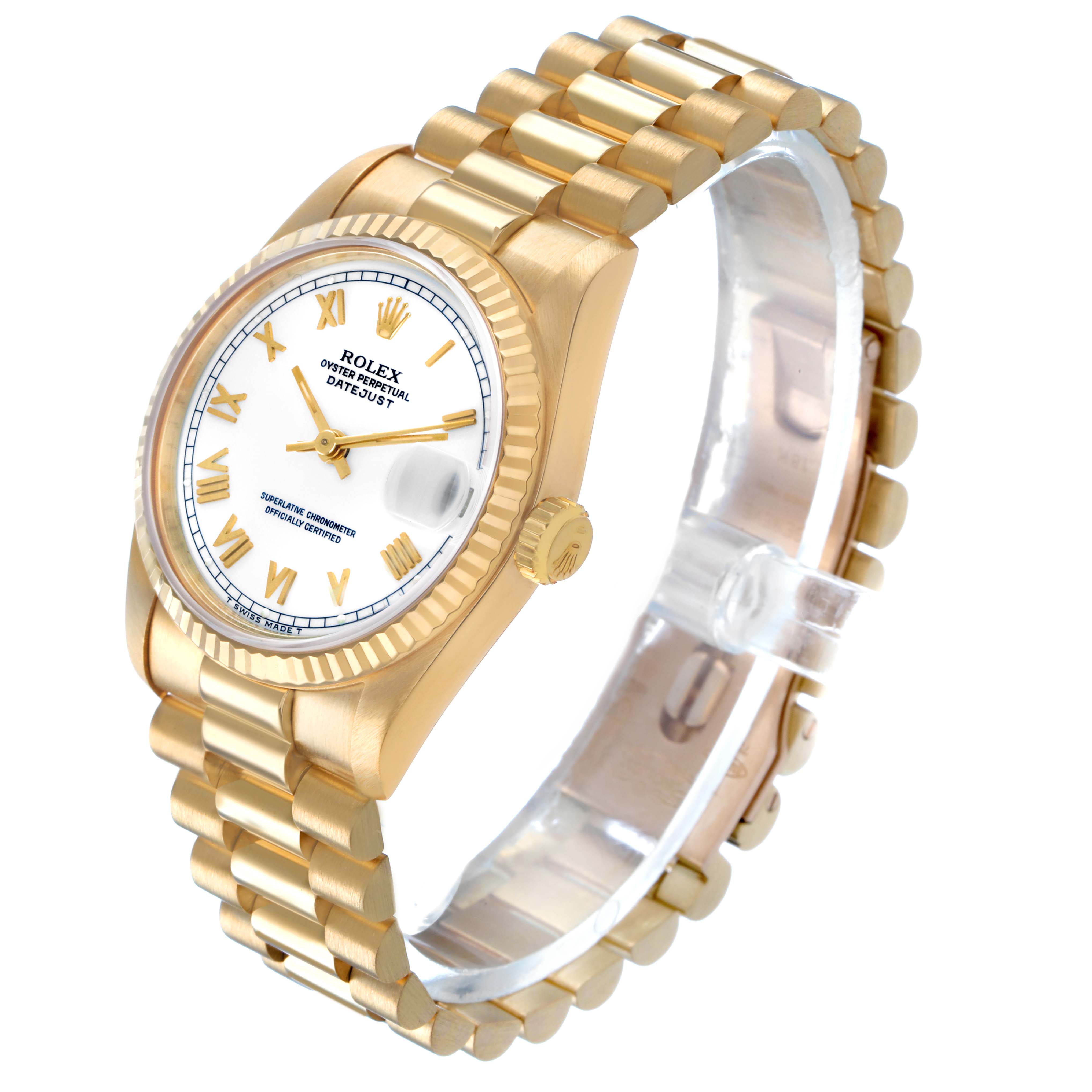 The Rolex Datejust 68278 Women's Yellow Gold White Dial watch is shown at a three-quarter angle highlighting the gold bracelet, bezel, dial, and crown.