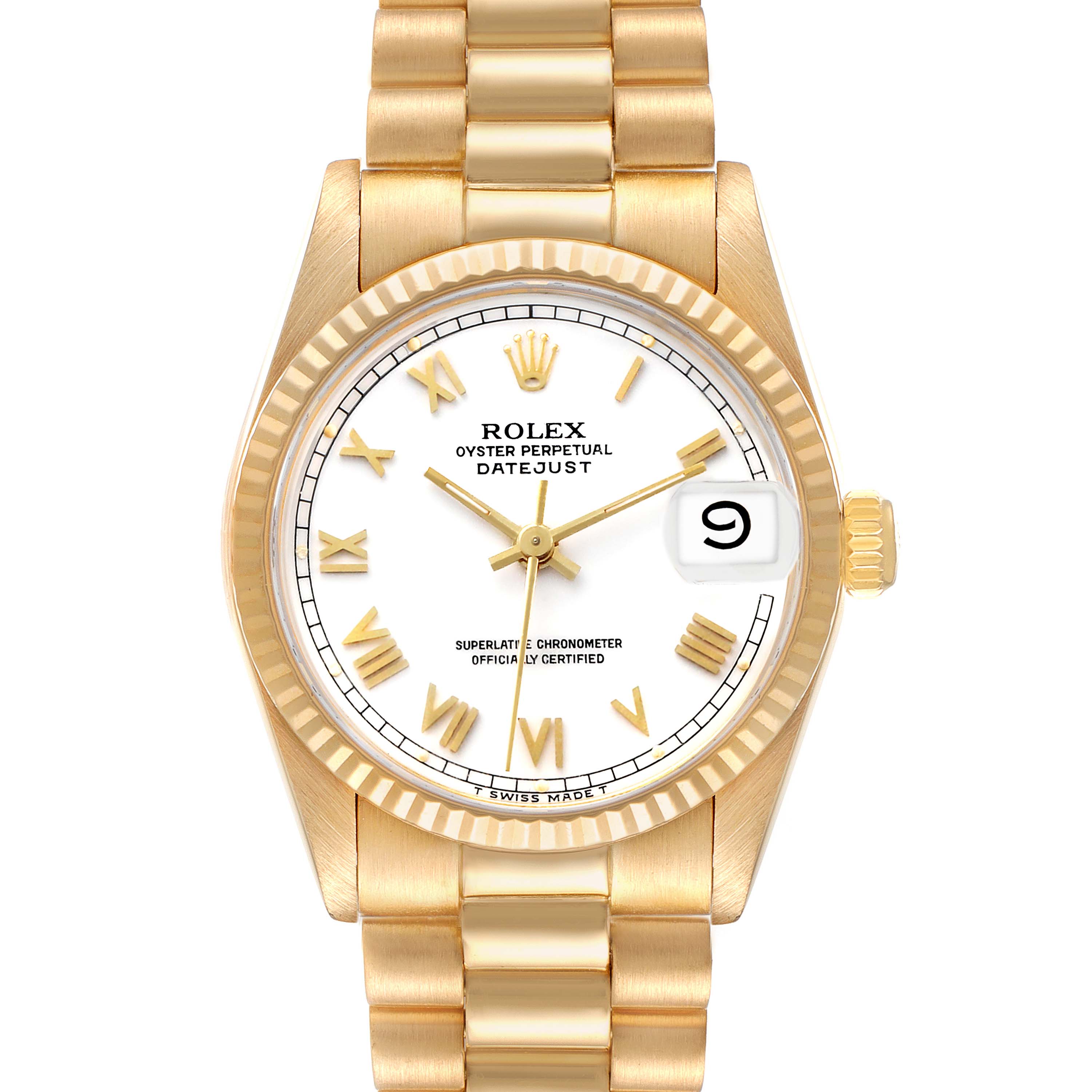 The image shows a frontal view of a Rolex Datejust 68278 Women's Yellow Gold White Dial watch, displaying its gold case, fluted bezel, white dial, and bracelet.