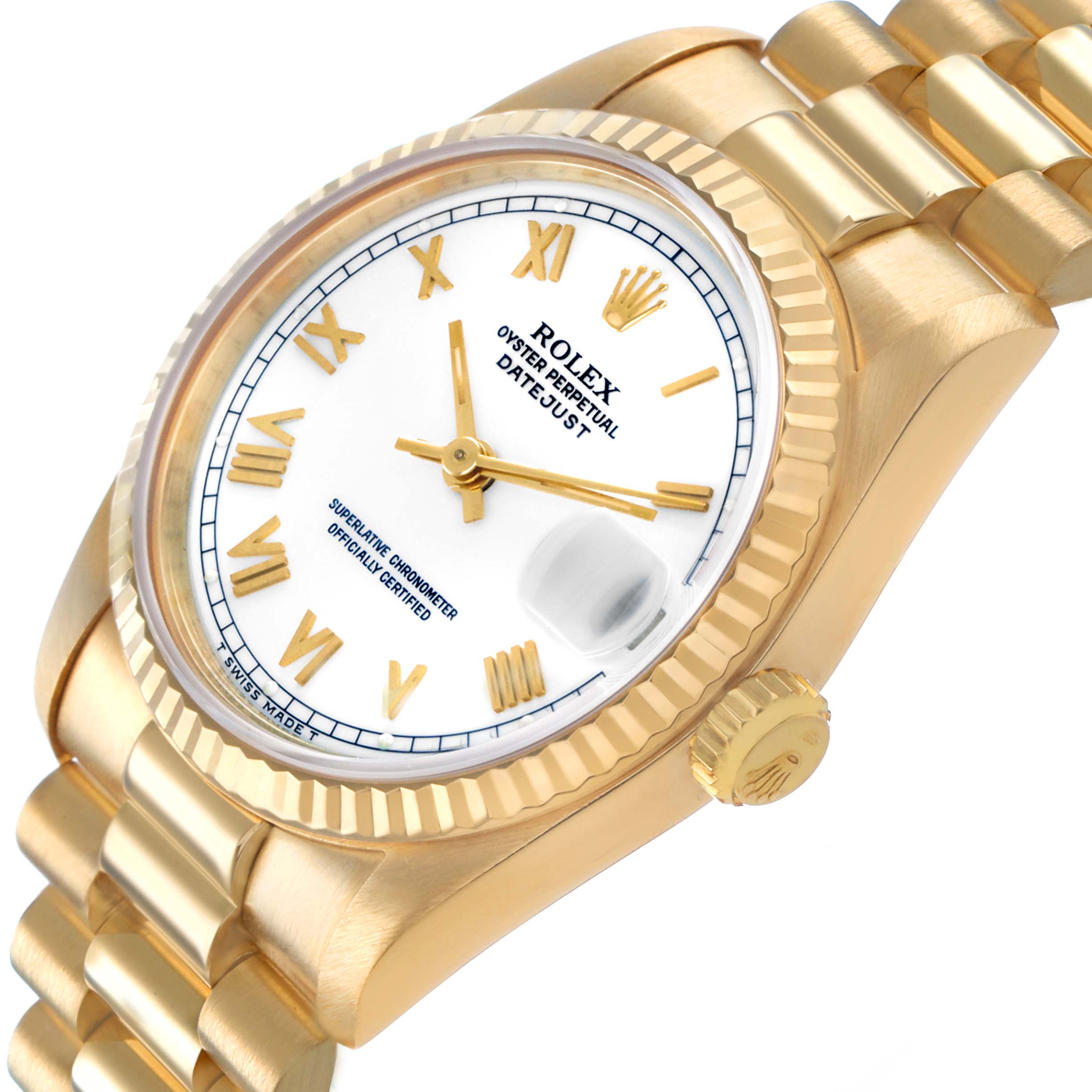 The Rolex Datejust 68278 Women's Yellow Gold White Dial watch is shown at an angle highlighting the face, bezel, and part of the bracelet.