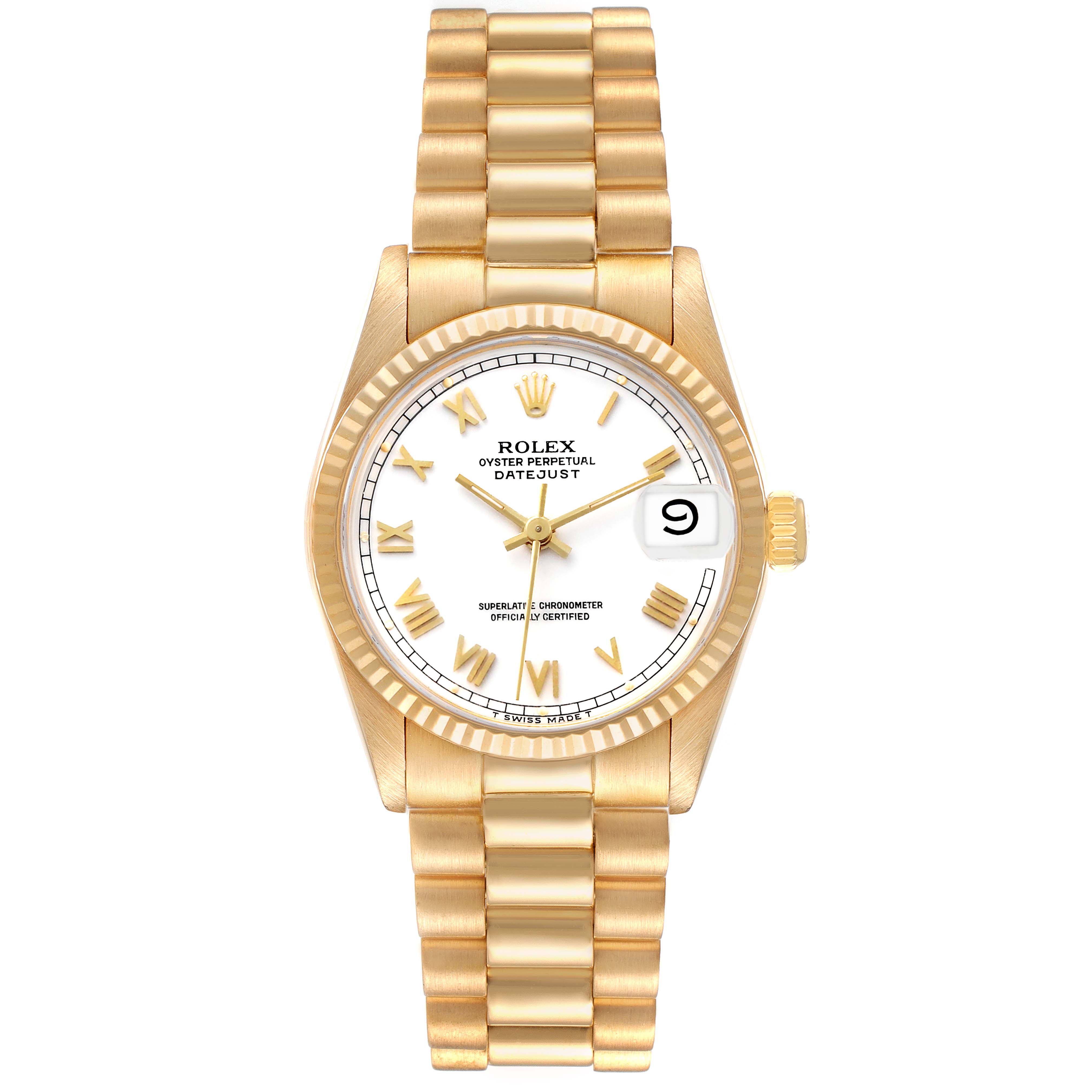 This image shows a front view of a Rolex Datejust 68278 Women's Yellow Gold White Dial watch, highlighting its gold case, bracelet, and white dial with Roman numerals.