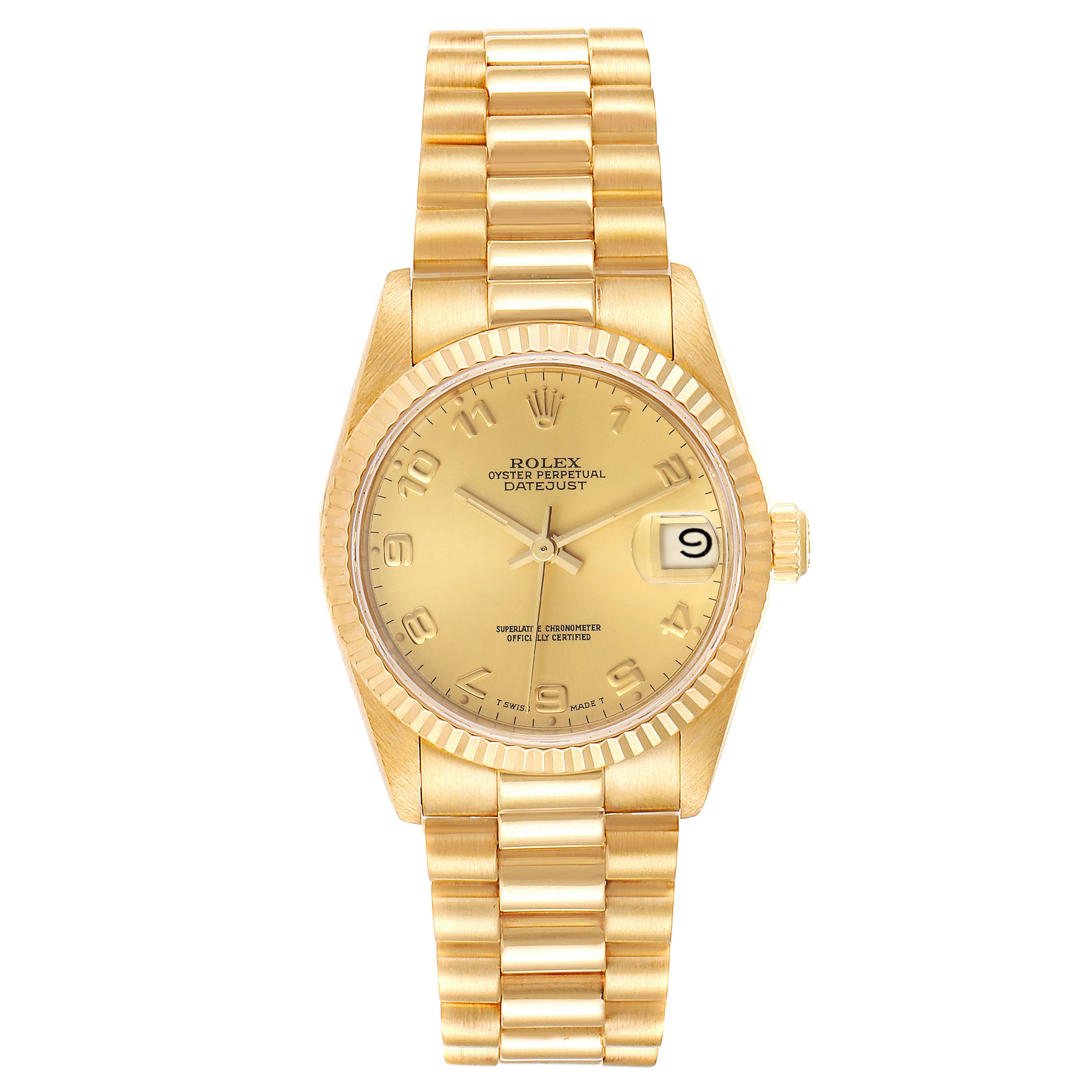 This Rolex President 68278 Women
s Yellow Gold Champagne Dial 68278 Women
s Yellow Gold Champagne Dial model is shown from a front angle, displaying the dial, hands, bracelet, and date window.