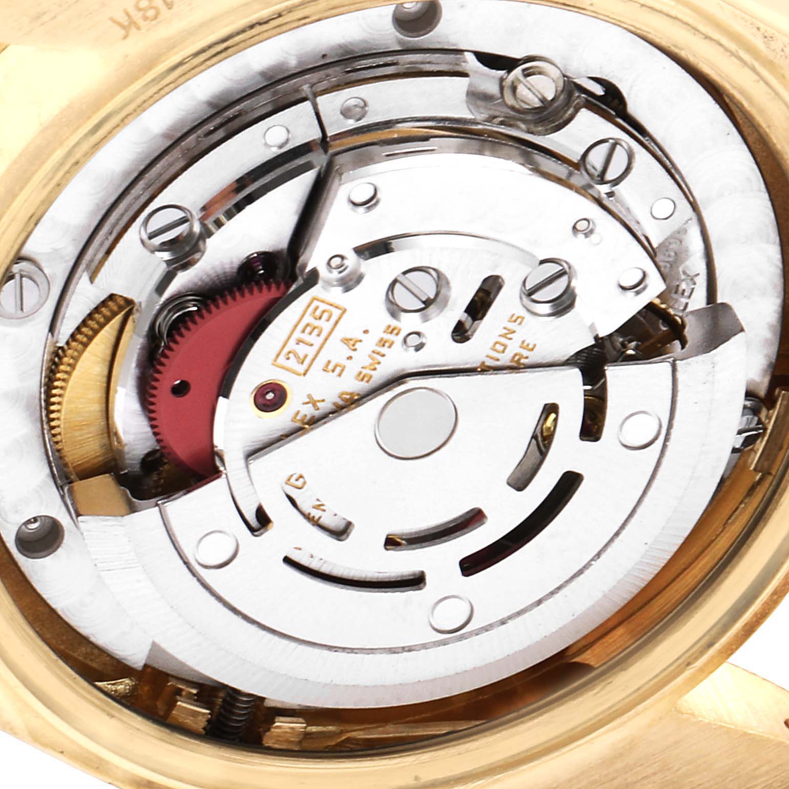This image shows a close-up view of the movement mechanism of a Rolex President 68278 Women
s Yellow Gold Champagne Dial 68278 Women
s Yellow Gold Champagne Dial model watch.