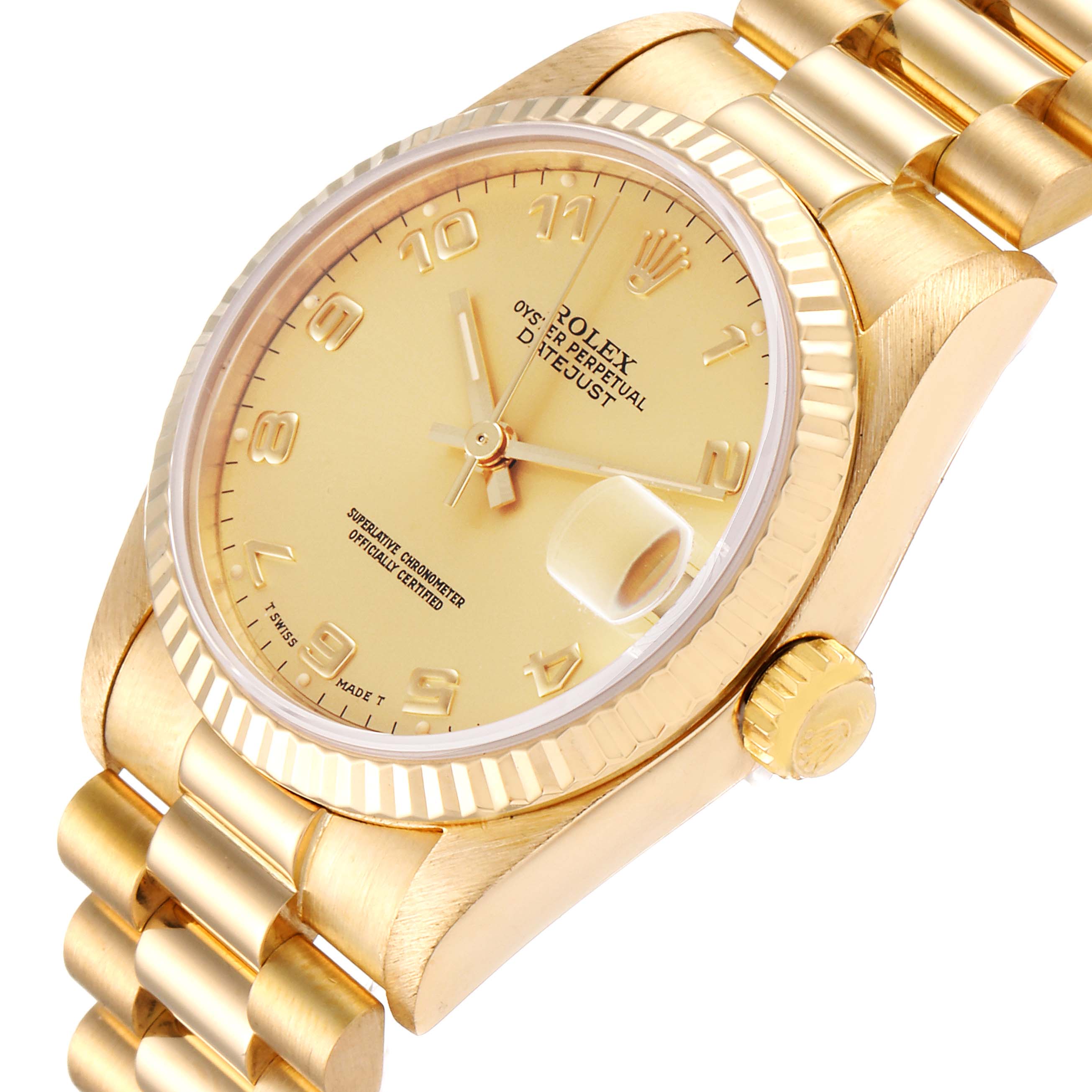 The image shows a Rolex President 68278 Women
s Yellow Gold Champagne Dial 68278 Women
s Yellow Gold Champagne Dial model watch at an angled close-up, highlighting its dial, crown, bezel, and part of the bracelet.