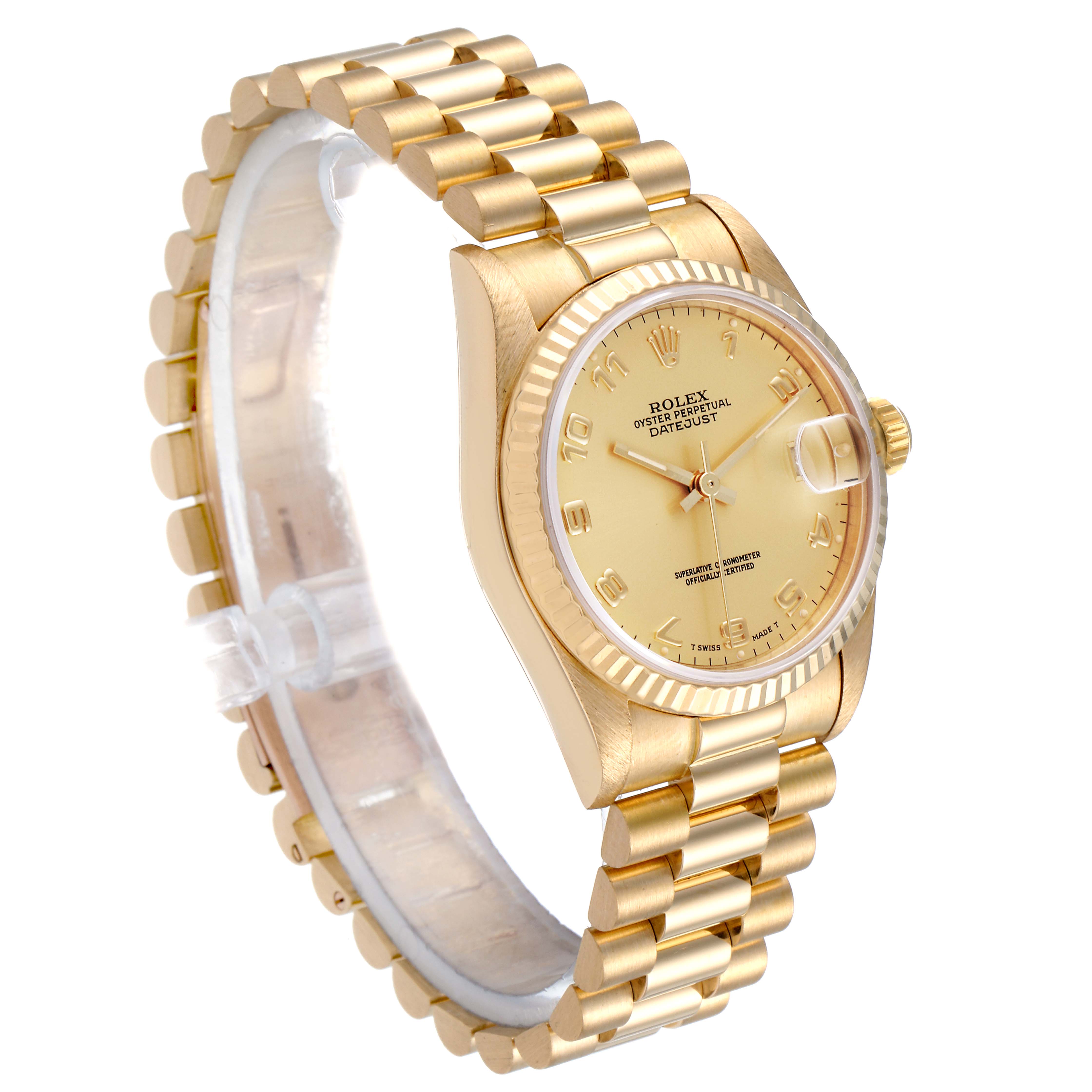 The image shows a side-angle view of a Rolex President 68278 Women
s Yellow Gold Champagne Dial 68278 Women
s Yellow Gold Champagne Dial model, featuring its gold watch case, dial, and detailed bracelet.