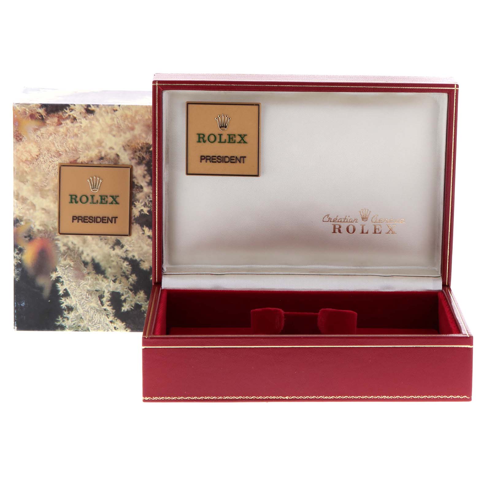 This image shows an open Rolex President 68278 Women
s Yellow Gold Champagne Dial 68278 Women
s Yellow Gold Champagne Dial watch box and its outer packaging from a straight-on angle.