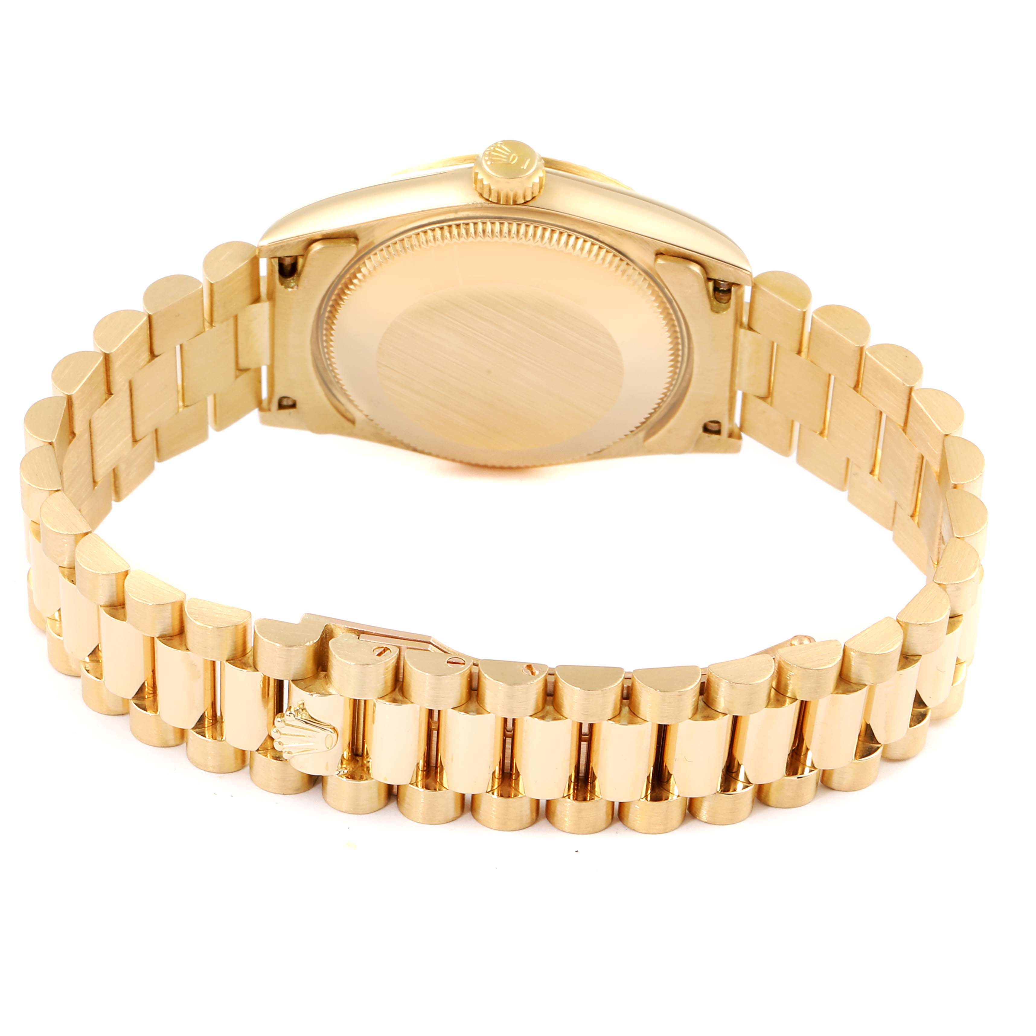 The image shows the back case and bracelet of a Rolex President 68278 Women
s Yellow Gold Champagne Dial 68278 Women
s Yellow Gold Champagne Dial model watch, viewed from a rear angle.