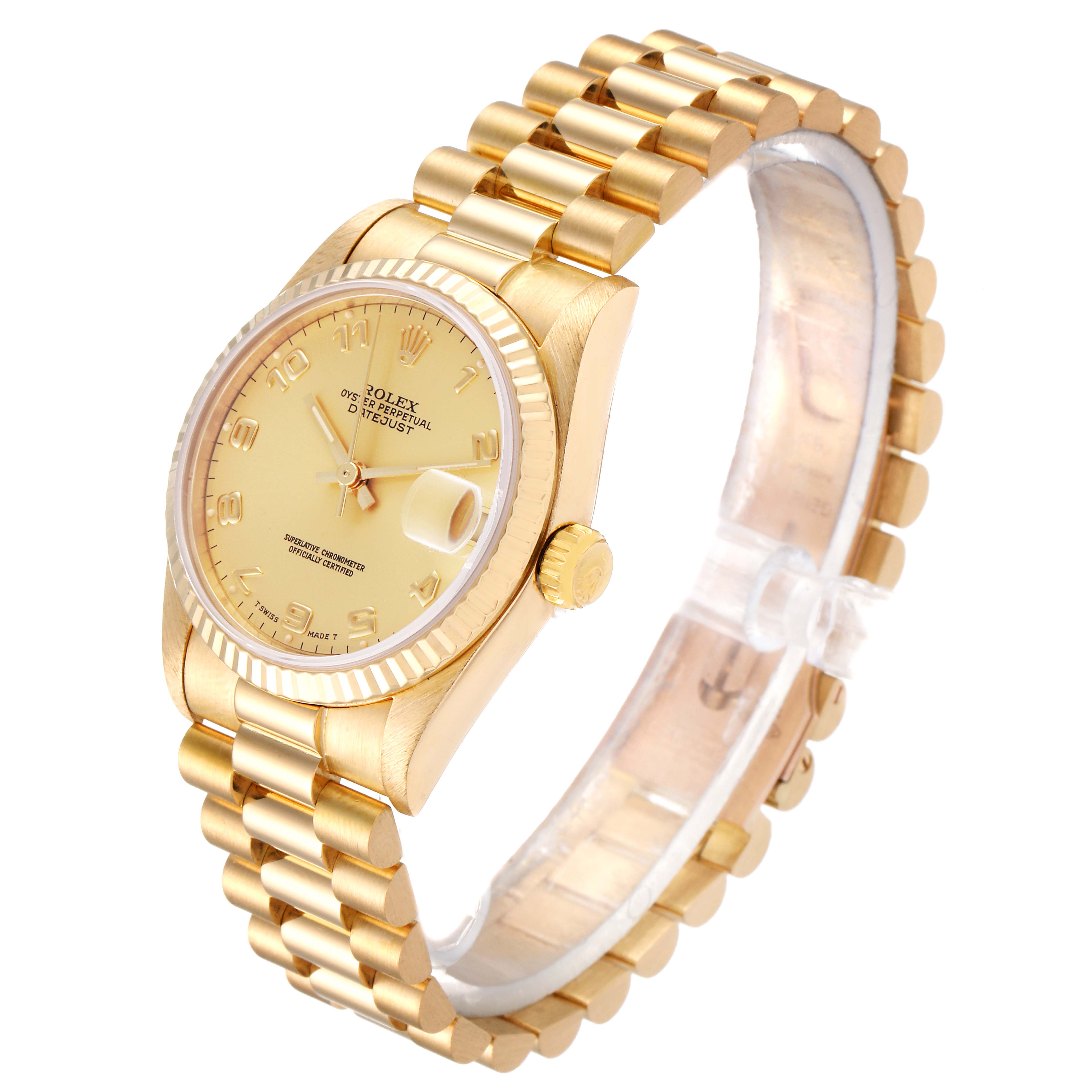 The Rolex President 68278 Women
s Yellow Gold Champagne Dial 68278 Women
s Yellow Gold Champagne Dial model watch is shown at a three-quarter angle, displaying the face, bezel, crown, and part of the bracelet.