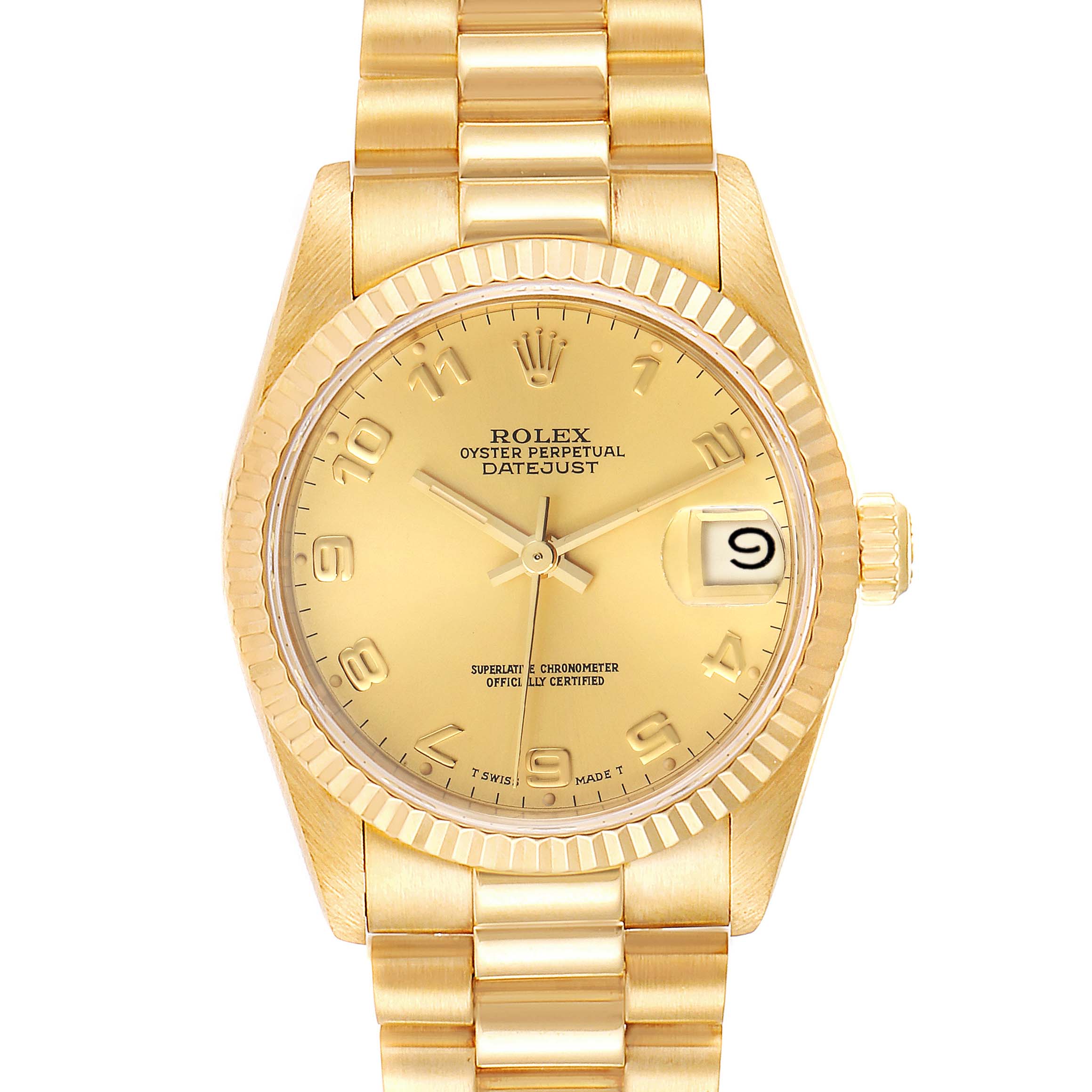 The image shows a frontal view of a Rolex President 68278 Women
s Yellow Gold Champagne Dial 68278 Women
s Yellow Gold Champagne Dial Oyster Perpetual Datejust watch, highlighting its gold dial and bracelet.