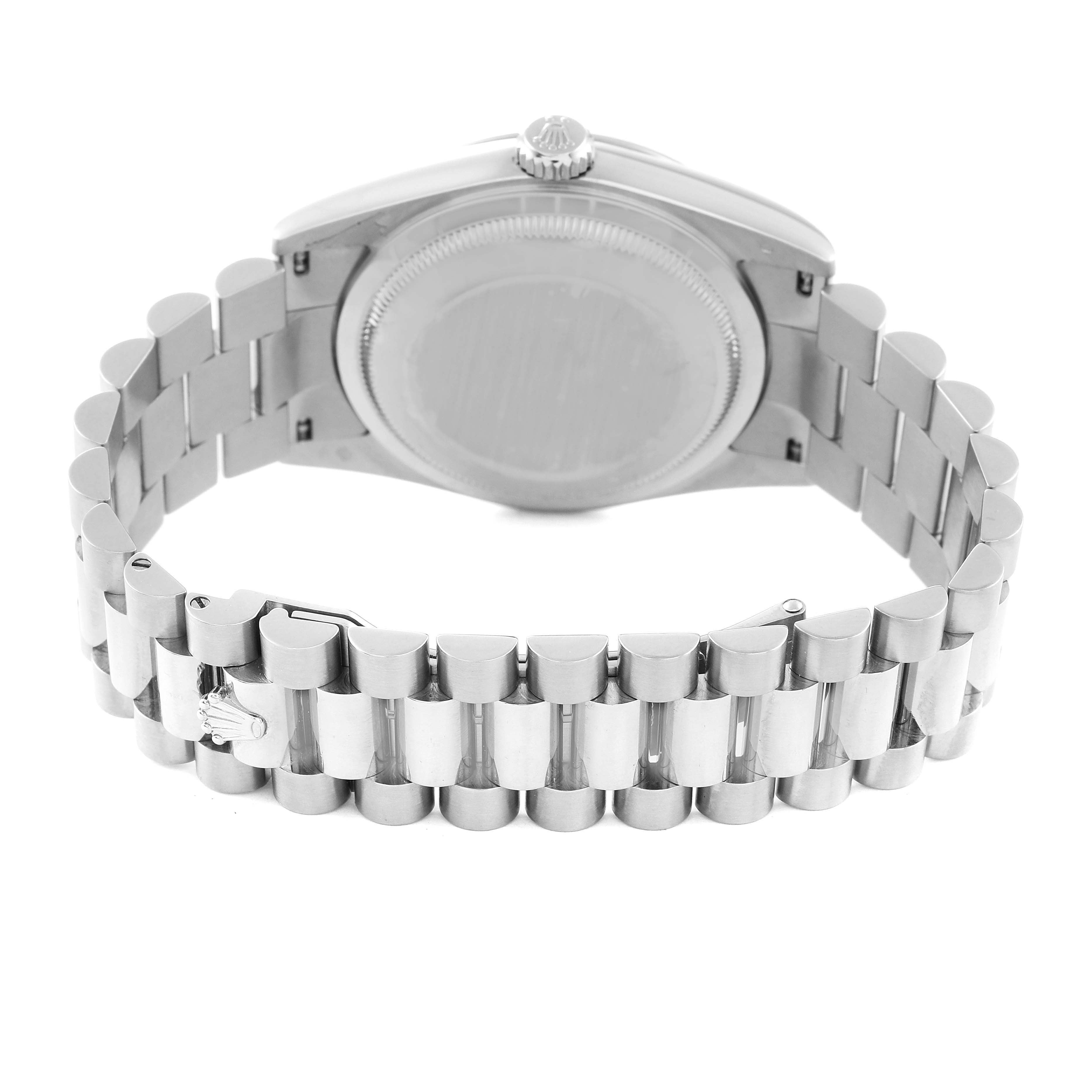 This image shows the back case and bracelet of a Rolex President 118339 Men's White Gold Black Dial 118339 Men's White Gold Black Dial model watch.