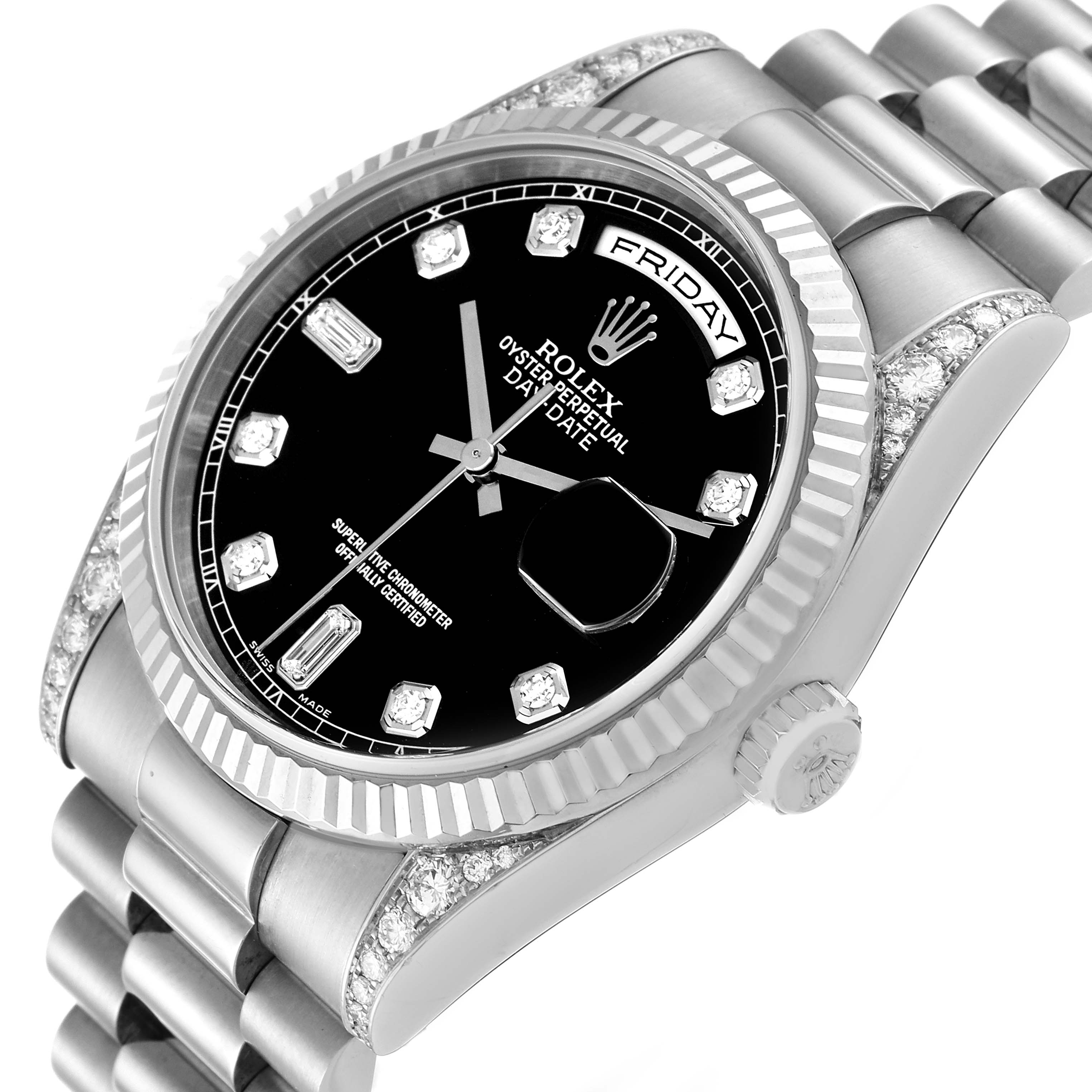 The Rolex President 118339 Men's White Gold Black Dial 118339 Men's White Gold Black Dial model watch is shown at a slight angle, displaying the face, bezel, crown, and part of the bracelet.