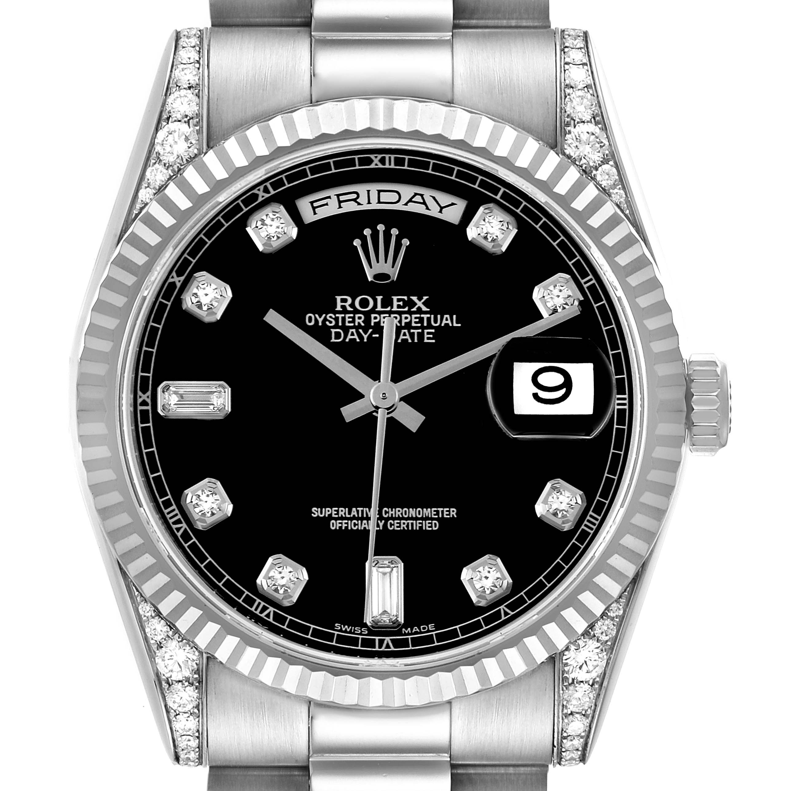 This image shows a close-up, front view of a Rolex President 118339 Men's White Gold Black Dial 118339 Men's White Gold Black Dial model, highlighting its dial, bezel, and bracelet.