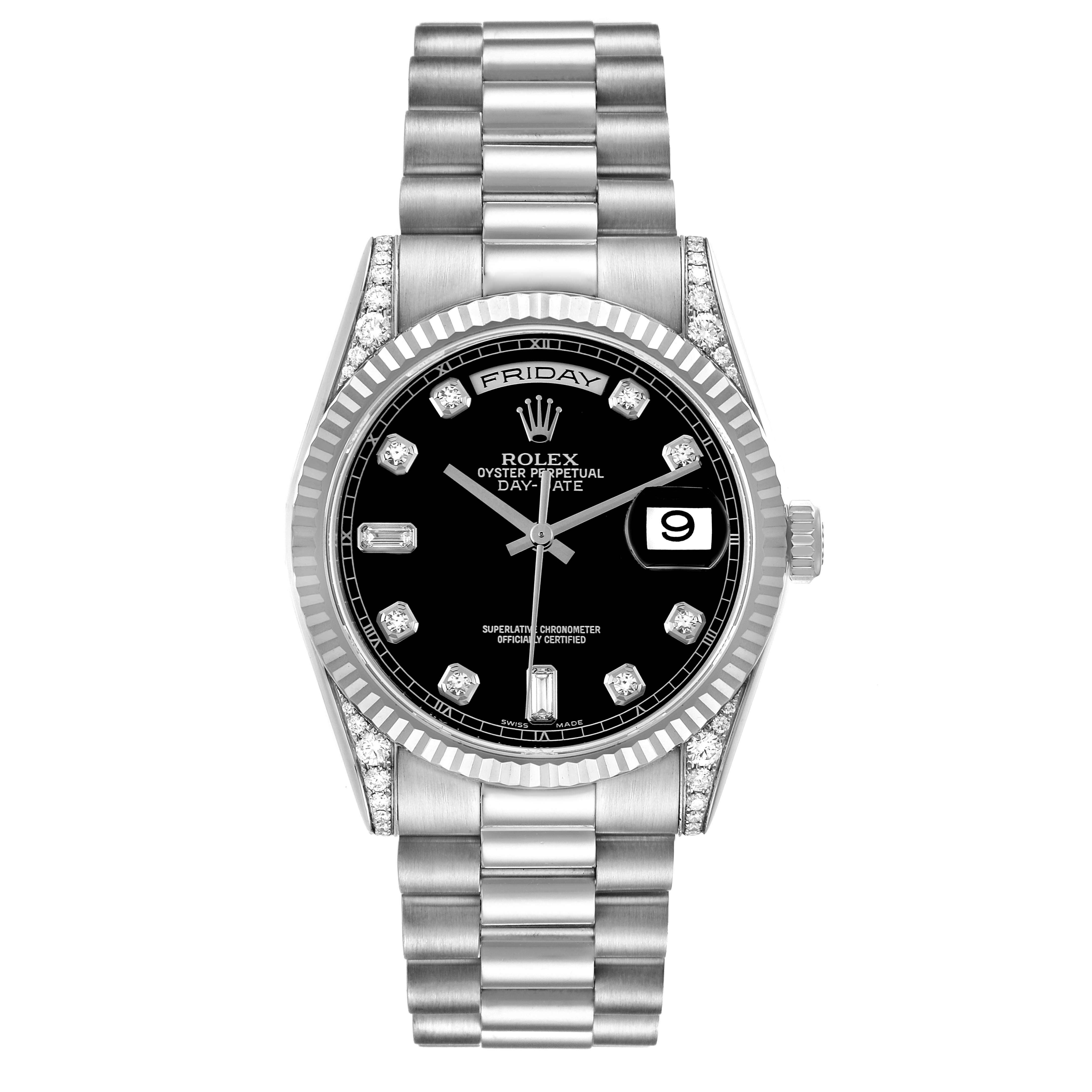 This image shows a front view of a Rolex President 118339 Men's White Gold Black Dial 118339 Men's White Gold Black Dial model, displaying the dial, bezel, and bracelet.