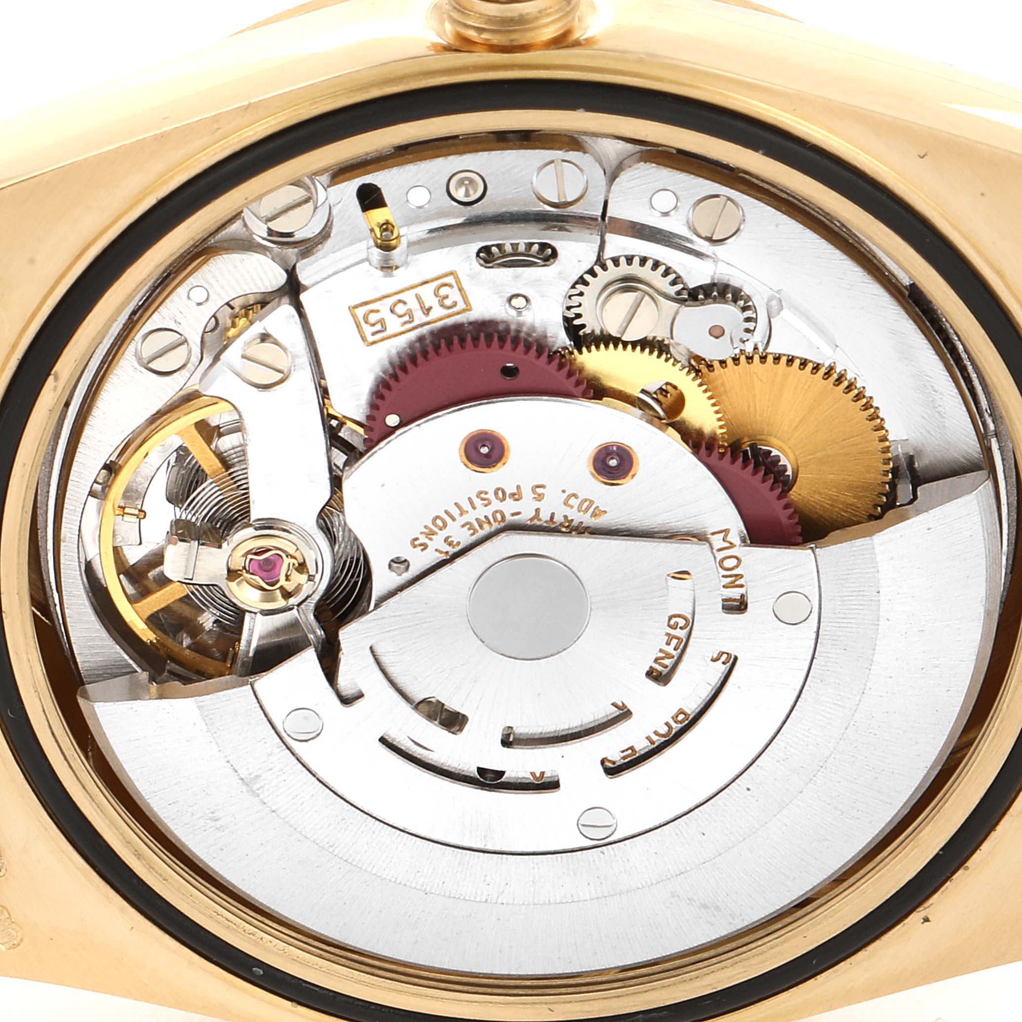 The image shows the internal mechanism from a back angle of the Rolex President 18238 Men
s Yellow Gold White Dial 18238 Men
s Yellow Gold White Dial model watch, highlighting gears and components.