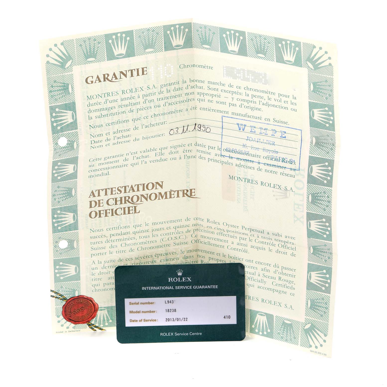 The image shows a guarantee certificate and an international service guarantee card for the Rolex President 18238 Men
s Yellow Gold White Dial 18238 Men
s Yellow Gold White Dial model watch.