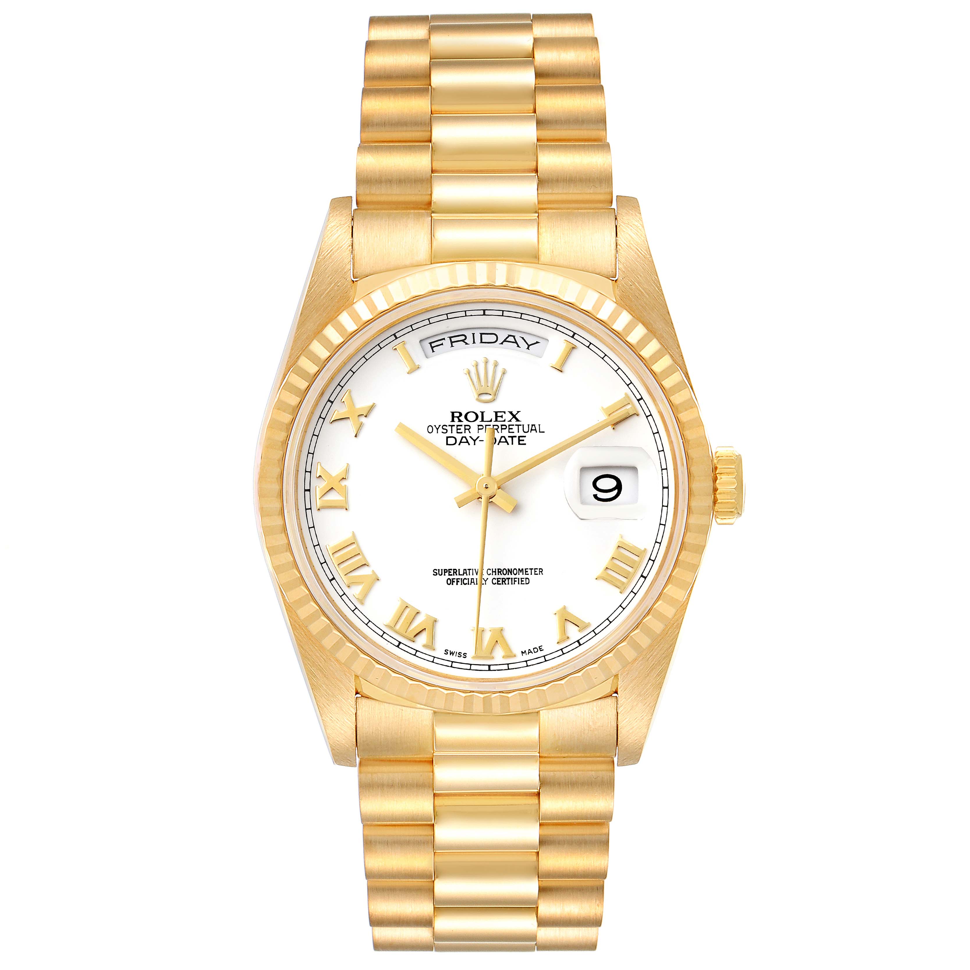 The image shows a front view of the Rolex President 18238 Men
s Yellow Gold White Dial 18238 Men
s Yellow Gold White Dial model watch, displaying the dial, bezel, and bracelet.