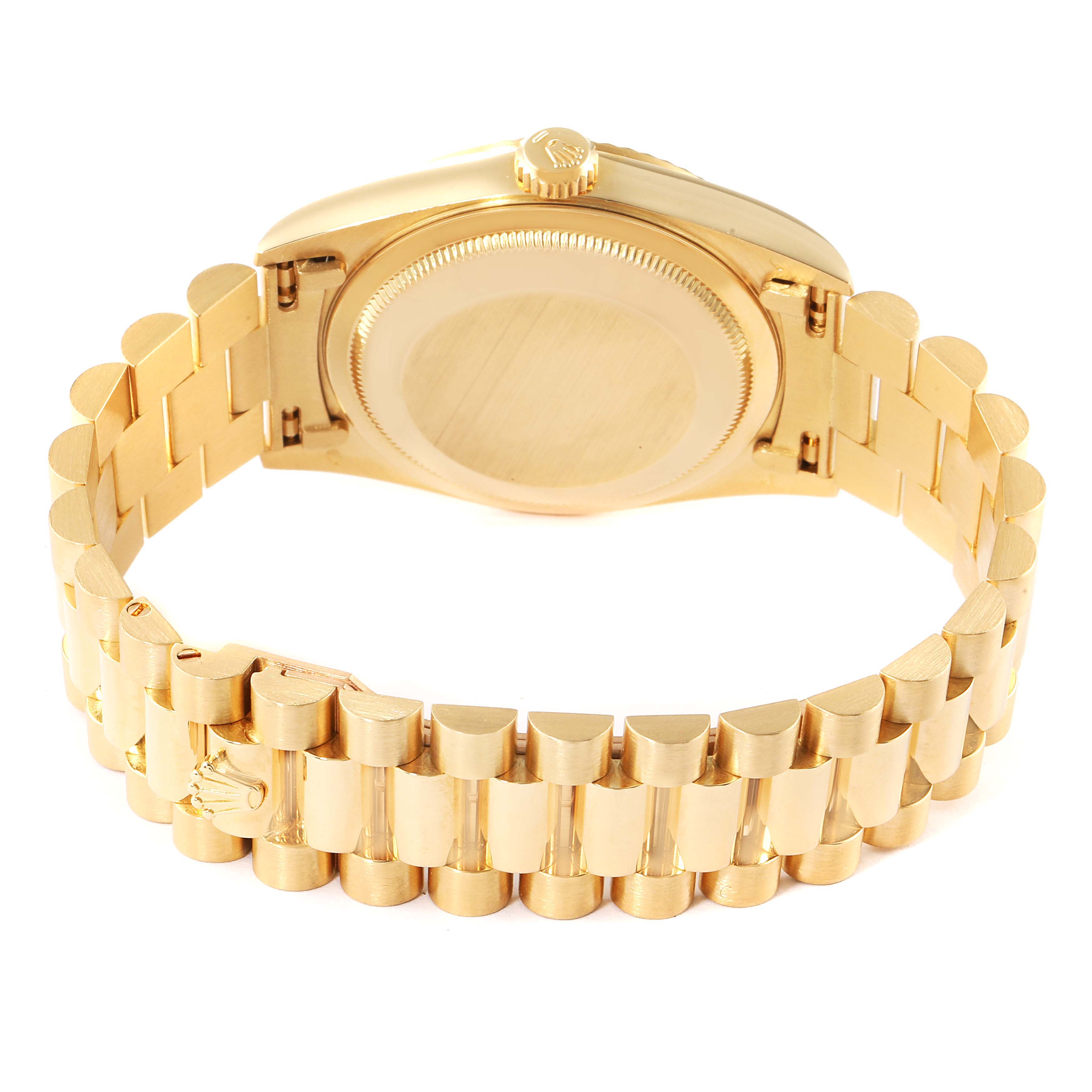 The image shows the back and the bracelet of a Rolex President 18238 Men
s Yellow Gold White Dial 18238 Men
s Yellow Gold White Dial model watch, viewed from the rear angle.