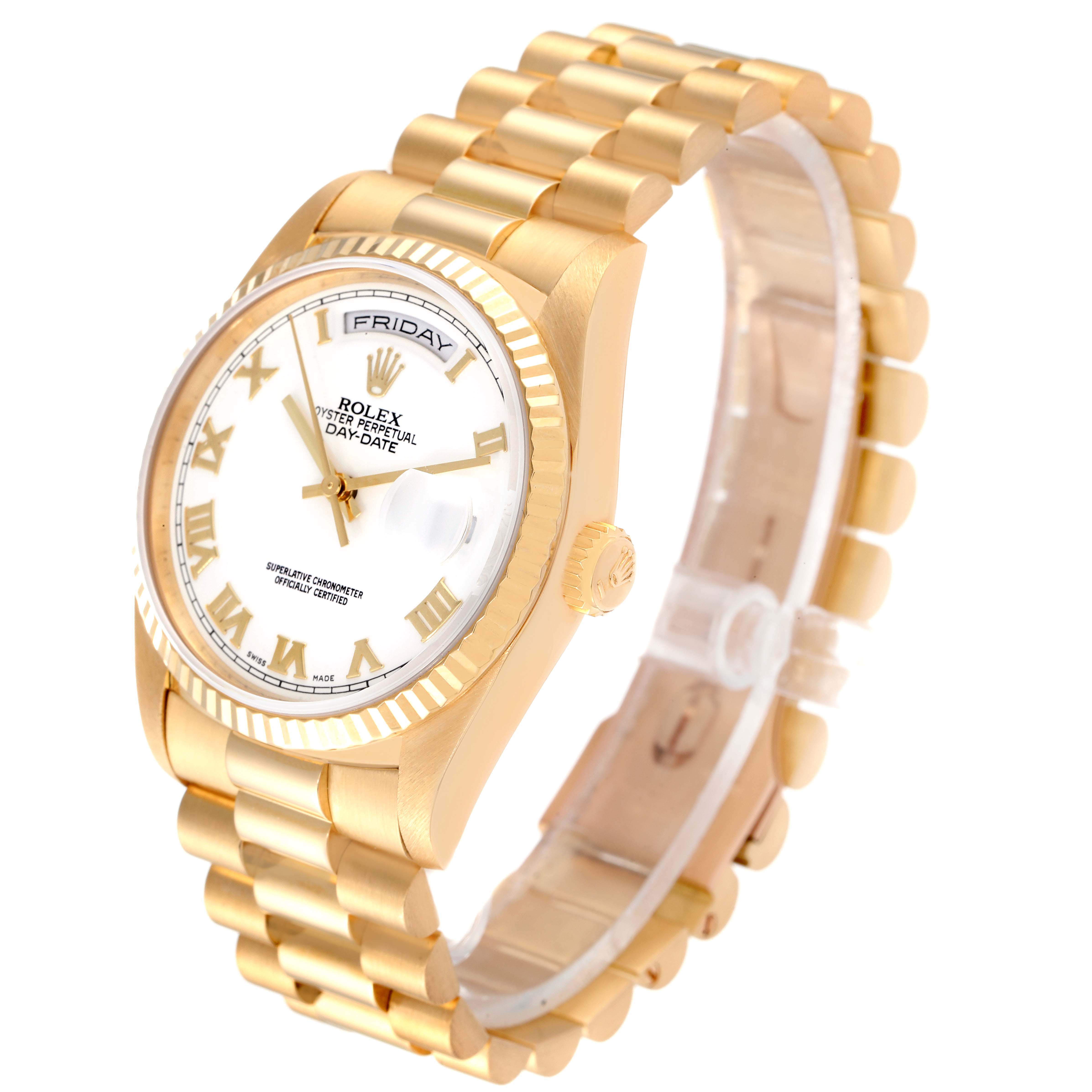 This image shows a side angle of a Rolex President 18238 Men
s Yellow Gold White Dial 18238 Men
s Yellow Gold White Dial model watch, featuring the bracelet, crown, and dial.