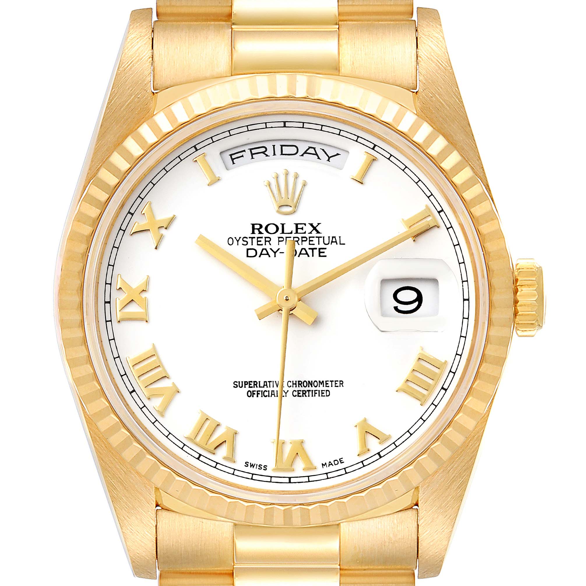 The image shows a frontal view of a Rolex President 18238 Men
s Yellow Gold White Dial 18238 Men
s Yellow Gold White Dial model watch, highlighting its white dial, gold Roman numerals, and day-date display.