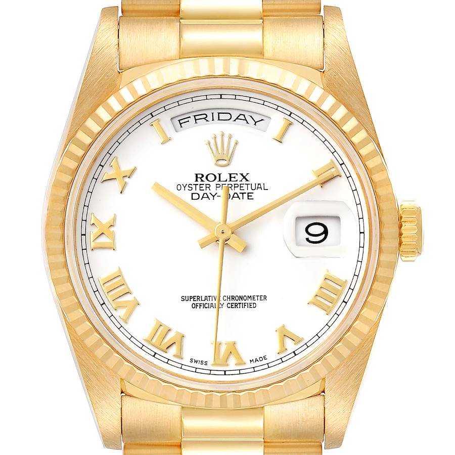 Rolex President Day-Date 18k Yellow Gold White Dial Mens Watch 18238 Box Papers SwissWatchExpo