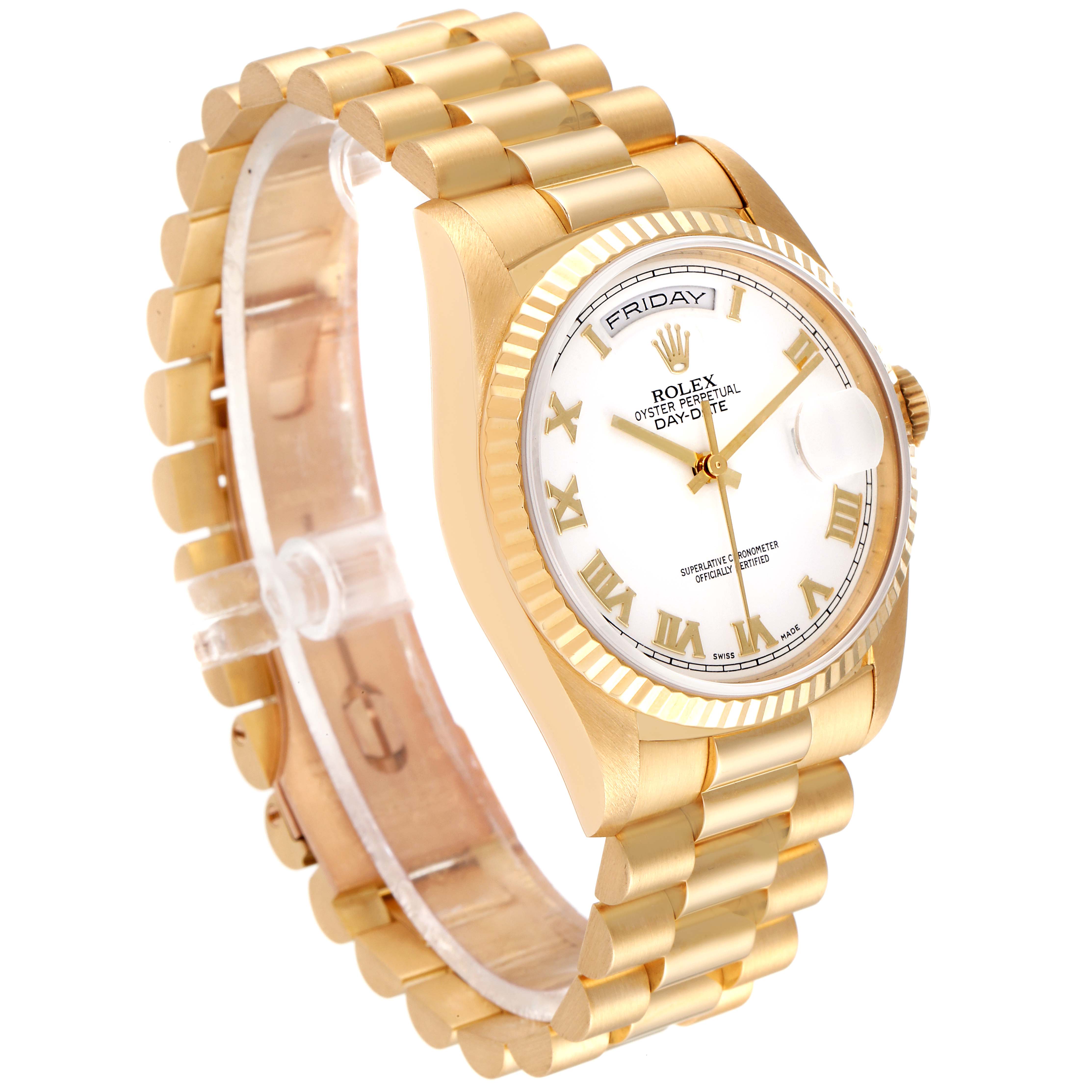 This image shows a side angle of a Rolex President 18238 Men
s Yellow Gold White Dial 18238 Men
s Yellow Gold White Dial model watch, highlighting its bracelet, bezel, and dial.