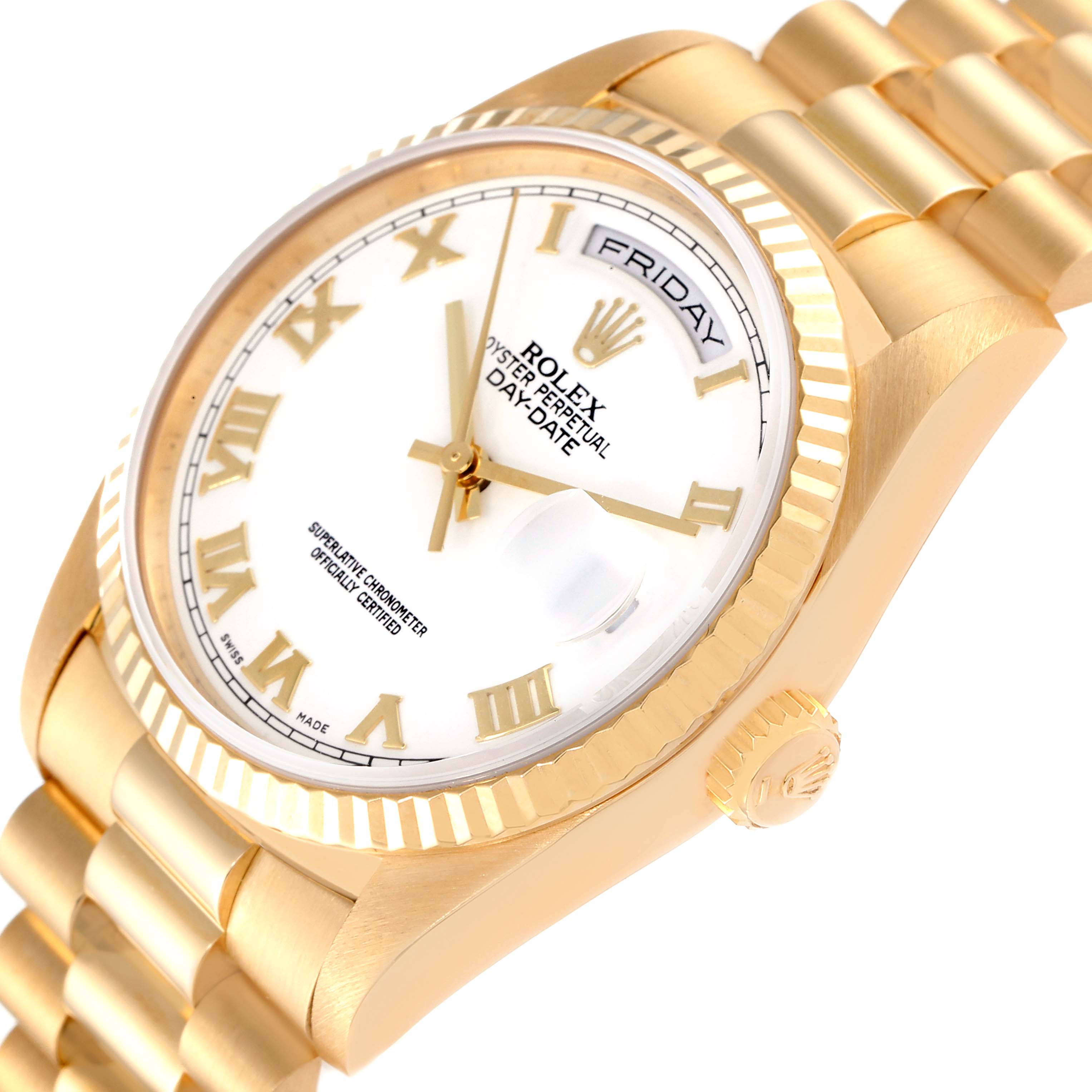 The image shows a close-up angle of the Rolex President 18238 Men
s Yellow Gold White Dial 18238 Men
s Yellow Gold White Dial model watch, highlighting its dial, bezel, and part of the bracelet.